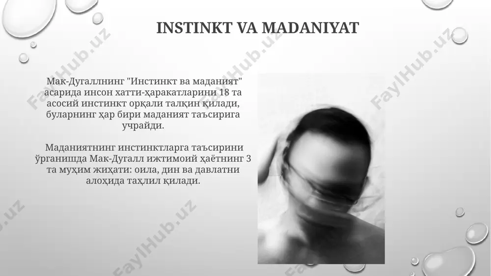iyasiga ko'ra, 18 ta asosiy instinkt mavjud bo'lib, ular organizmning fiziologik ehtiyojlari bilan chambarchas bog'liqdir va ularning o'zaro ta'siri murakkab refleks arxitekturasini hosil qiladi. instinktlarning ierarxik tizimi mavjud bo'lib, ba'zi instinktlar boshqalarga qaraganda ustun turadi; masalan, o'z-o'zini saqlash instinkti boshqa ko'plab instinktlarga nisbatan ustuvor ahamiyat kasb etadi. e'tiboringiz uchun rahmat @taqdimot_robot image3.png image4.jpg image5.jpg image6.jpg image7.jpg image8.jpg image9.jpg image10.jpg image11.jpg image12.jpg image13.jpg image14.jpg image15.jpg image16.jpg image17.jpg image18.jpg image1.png