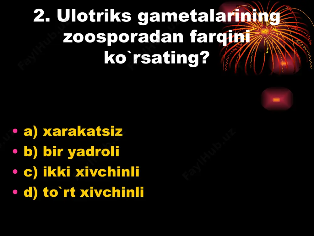 yashashi 28. simbioz yashash jarayonida suvo’tlar zamburug’lardan nima oladi? a) organik moddalar b) suv va mineral tuzlar c) kislarod d) mineral tuzlar 29. ulotrik sporasidan nima hosil bo’ladi? a) spora b) zoospora c) autospora d) gameta 30. qaysi suvo’tning mag’izi sitoplazmatik ipchalar yordamida osilib turadi? a) spirogira b) xlomidomonada c) ulotriks d) kladofora 31. ildiz, poya va barglarga bo’linmagan tana qanday nomlanadi? a) qattana b) mitselliy c) rizoid d) meva tana 32. nemalion va ulva tarkibida qaysi modda kam bo’ladi? a) oqsil b) kraxmal c) mineral tuzlar d) moy 33. chuchuk suvlarda yashaydigan suvo’tni belgilang. a) nemalion b) ulva c) laminariya d) ulotriks 34. agar-agarni labaratoriya sharoitida…… o’stirish uchun ham foydalaniladi. a) bakteriya va lishayniklarni b) bakteriya va zamburug’larni c) zamburug’lar va suvo’tlarini d) viruslar va suvo’tlarini 35. suvo’tlarni jinsiy a’zosi…. hujayradan tashkil topgan. a) bitta b) ikkita c) ko’p d) o’nta 36. ulotriks zigotasiga xos xususiyatlarni ko’rsating. 1. qalin …