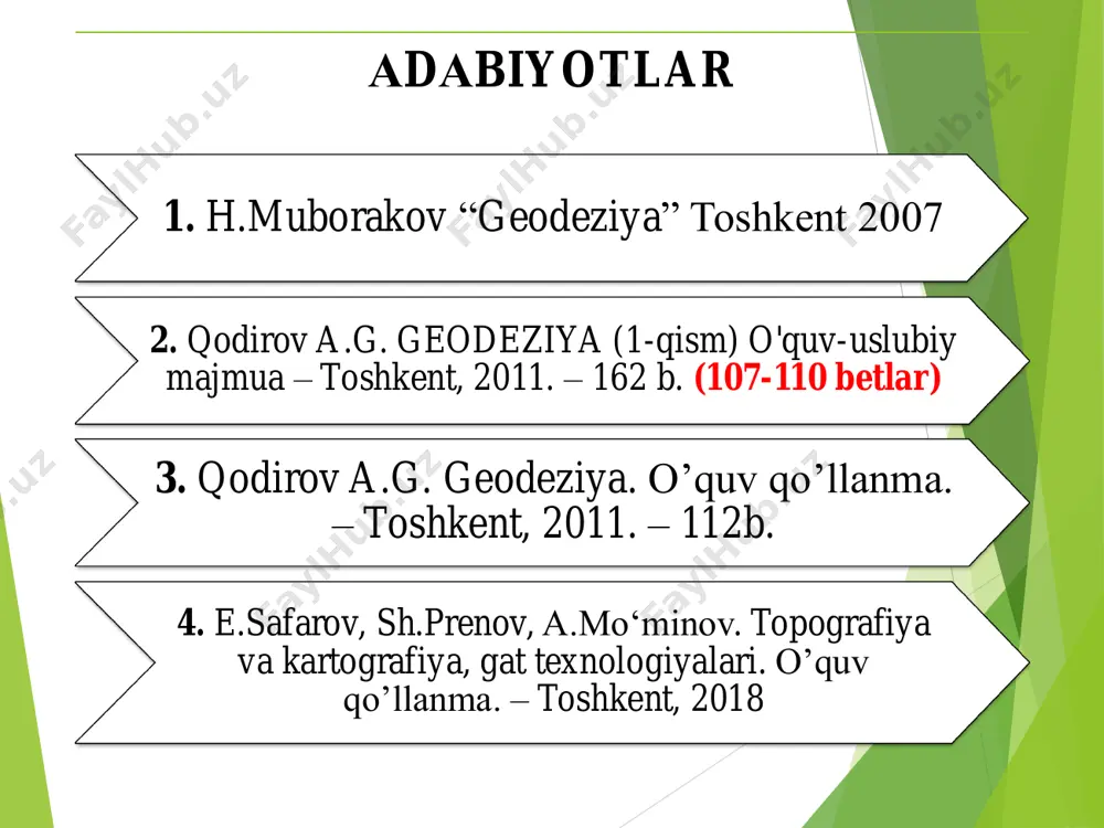 va botiq bo'ladi. bo'rtib chiqqan shakllari - do'ng, tepa, gryada, tog' tizmasi; botiq shakliga - vodiy, jar, balka, chuqurlik, pastlik, qozonsoy, soy va boshqalar kiradi. joy relyefini topografik kartalarda tasvirlanishi. topografik kartalarda relyef asosan gorizontallar bilan tasvirlanadi. gorizontal - balandliklari bir xil bo'lgan nuqtalarni tutashtiruvchi chiziqdir. gorizontal - izogips deb xam yuritiladi. tepalikni bir xil balndlikdan o'tuvchi a, b, s gorizontal tekisliklar kesib o'tgan deb faraz qilaylik. a - tekislikda gorizontallar xosil bo'ladi. ikki gorizontal tekislik orasidagi vertikal masofa, h - kesim balandligi. ikki gorizontal orasidagi masofa d - gorizontallar oralig'i. yon bag'ir bilan gorizontal tekislik orasidagi burchak α - qiyalik burchagi deyiladi. nazorat savollari: 1. shartli belgilar turlari? 2. topografik kartada joy relyefini tasvirlanishi? 3. gorizontallar oraligi nima? 4. qiyalik burchak qanday burchak? e’tiboringiz uchun rahmat!