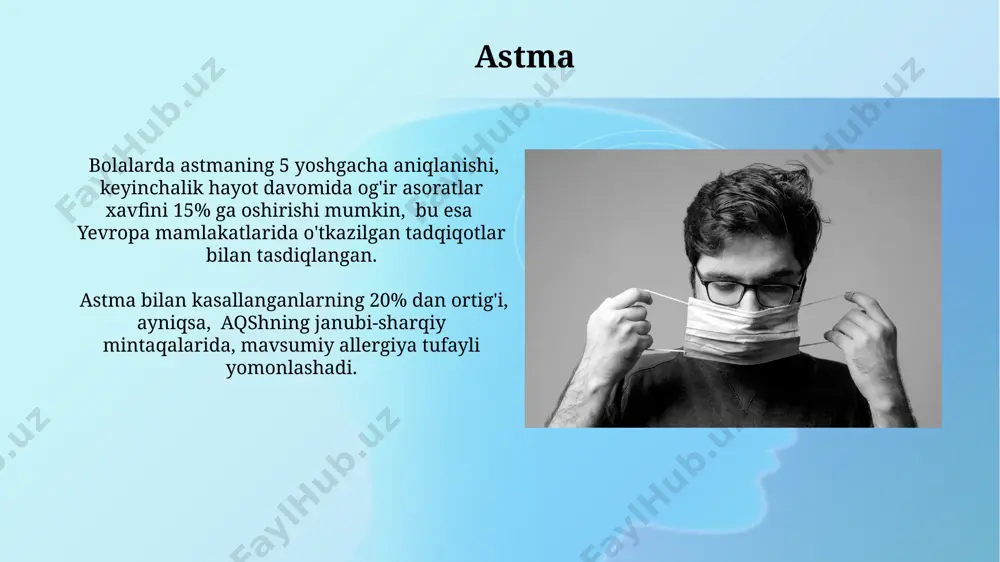 b 450 milliondan ortiq odamni, shu jumladan, 5 yoshgacha bo'lgan bolalarni yuqtiradi va o'limga olib kelishi mumkin, ayniqsa, rivojlanayotgan mamlakatlarda, masalan, janubiy osiyoda. pnevmoniyaning eng keng tarqalgan sababchisi streptococcus pneumoniae bakteriyalaridir, ammo viruslar, zamburug'lar va boshqa bakteriyalar ham pnevmoniyani keltirib chiqarishi mumkin. taxminan 10% hollarda pnevmoniya kasalxonaga yotqizishni talab qiladi. gripp grip virusining 1918-yilda aqshda boshlangan pandemiyasi 50 milliondan ortiq odamning o'limiga sabab bo'lgan, bu esa jahon aholisining 3 foizini tashkil etgan. gripga qarshi vaktsinalar, 6 oylikdan katta bolalar va kattalar uchun tavsiya etiladi va ular virusning eng keng tarqalgan shtammlariga qarshi himoya qilishga yordam beradi, samaradorligi yiliga taxminan 40-60% ni tashkil etadi. balg’am ajralishi balg'am ajralishining miqdori kuniga 100 ml dan oshishi, ayniqsa, o'tkir bronxit yoki pnevmoniya kabi kasalliklarning og'ir kechishini ko'rsatishi mumkin, bu esa toshkentdagi shifoxonalarda tez-tez uchraydi. balg'amning yashil yoki sariq rangga ega bo'lishi, bakterial infeksiyaning mavjudligini bildirishi mumkin va bu holatda antibiotiklar bilan davolash 7-10 kun …