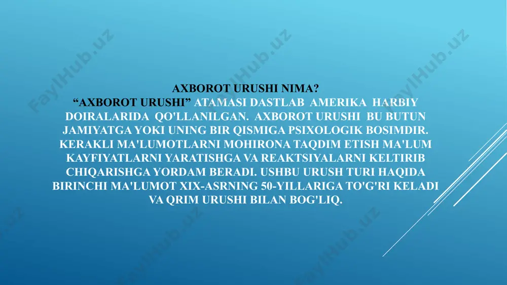 ma`naviyat tushunchalari, shu jumladan fuqarolarimizning vatanparvarligi axborot xurujlariga qarshi muhim omillardir. bu yo`nalishda amalga oshirayotgan ishlarimizni izchillik bilan davom ettirish axborot makonidagi siyosiy, mafkuraviy kurashlar birlashgan millatlar tashkilotining nizomida «urush to‘g‘risidagi g‘oyalar inson ongida paydo bo‘ladi, shuning uchun aynan inson ongida tinchlik to‘g‘risidagi g‘oyalarni shakllantirish lozim», deyilgan. darhaqiqat, tarixga nazar tashlansa «urush va tinchlik» g‘oyasi bir soniya bo‘lsa-da, unut bo‘lmagan. insoniyat paydo bo‘lganidan buyon 14 mingdan ziyod sodir etilgan katta va kichik urushlarda 3 mlrd. 64 mln. kishining yostig‘i qurigani, odamlar faqat 292 kungina urushlarsiz yashagani tarixiy haqiqat. i jahon urushida – 13 mln., ii jahon urushida – 60 mln., «sovuq urush» davrida esa – 100 mln ga yaqin inson halok bo‘lgan. ushbu urushlarda yarador, majruh bo‘lganlarning soni halok bo‘lganlardan 2–3 barobar ko‘p. urush – ofat, urush – taraqqiyot dushmani, urush – dushman qidirish demakdir. urush o‘z-o‘zidan paydo bo‘lmaydi, buzg‘unchi g‘oyalar va mafkuralar mahsulidir. buzg‘unchi mafkuralar ommaviy axborot vositalari orqali …