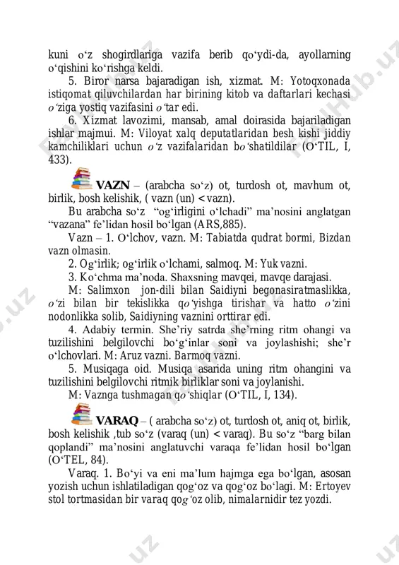 , bosh kelishik, tub sоʻz (vaqt(un) velocipede > vilosiped). xix asr yarmida fransuz tilidan rus tiliga оʻtgan. fransuzcha velocipede “tezoyoq”, lotincha velox,velocis “tez” vapes, pedis “oyoq”so‘zlarining qurilishidan hosil bo‘lgan: lotincha velox > fransuzcha velocis > fransuzcha velocipede > rus, o‘zbek tilida >velosiped. velosiped. pedallar yordamida harakatga keltiriladigan ikki yoki uch gʻildirakli transport vositasi. m: velosiped poygasi (оʻtil,i,455). viloyat – (arabcha so‘z) ot, turdosh ot, aniq ot, birlik, bosh kelishik, tub sоʻz (vilayat fransuzcha vinaigrette > rus, o‘zbek vinegret. virus – (lotincha so‘z) ot, turdosh ot, mavhum ot, birlik, bosh kelishik. faqat tirik hujayralarda kоʻpayib, odam, hayvon, оʻsimlikda yuqimli kasalliklar qоʻzgʻatuvchi mikroorganizm. m: gripp virusi (оʻtil, 462). xix asrning oxirida rus olimlari d.ivanovskiyva n.tamaleya tomondan 1- marta ishlatilgan. eski ma’nosi “zahar” volida – (arabcha so‘z) ot, turdosh ot, aniq ot, birlik, bosh kelishik, yasama sоʻz (valid+at (un = validatun < volida ). bu sоʻz “dunyoga keltirdi” ma’nosini anglatuvchi valada fe’lidan hosil …