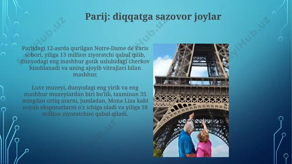 taxtining joylashgan joyi bo'lib, o'zining 70 dan ortiq xonalari, keng hovlisi va baland minoralari bilan mashhur. frantsiyaning sharqiy qismida, lion shahrida joylashgan 2000 yildan ortiq tarixga ega bo'lgan lugdunum rim teatri, 10 000 dan ortiq tomoshabinga mo'ljallangan ulkan amfiteatr sifatida saqlanib qolgan va bugungi kungacha arxeologik qazishmalar natijasida ochilmoqda. fransiya qal'alari va saroylari parijdagi luvrdan tashqari, fransiya hududida 12-18-asrlarga oid 1000 dan ortiq tarixiy qal'a va saroylar mavjud bo'lib, ularning aksariyati muzey va turistik joy sifatida faoliyat yuritadi. fransiyaning loire vodiysida 300 dan ortiq ajoyib qal’alar, jumladan, chambord va chenonceau kabi mashhur saroylar joylashgan bo'lib, ularning me'morchiligi va tarixiy ahamiyati jahonga mashhurdir. fransiyaga sayohat qilish bo'yicha maslahatlar fransiyaning g'arbiy sohillarida, masalan, bretanda, 300 dan ortiq chiroyli plyajlar mavjud, lekin ularning ko'pchiligiga avtoulovsiz borish qiyin, shuning uchun avtomobil ijarasi o'ylab ko'rishga arziydi. fransiyaga sayohat qilishda, ayniqsa, iyul-avgust oylarida, 30-40 darajagacha issiq boʻlishi mumkinligini va provans kabi janubiy hududlarga sayohat qilishda quyoshdan …