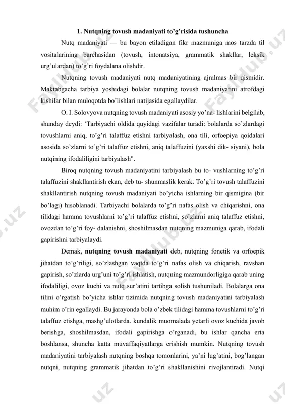 , nutqning mazmundorligiga qarab uning ifodaliligi, ovoz kuchi va nutq sur’atini tartibga solish tushuniladi. bolalarga ona tilini o’rgatish bo’yicha ishlar tizimida nutqning tovush madaniyatini tarbiyalash muhim o’rin egallaydi. bu jarayonda bola o’zbek tilidagi hamma tovushlarni to’g’ri talaffuz etishga, mashg’ulotlarda. kundalik muomalada yetarli ovoz kuchida javob berishga, shoshilmasdan, ifodali gapirishga o’rganadi, bu ishlar qancha erta boshlansa, shuncha katta muvaffaqiyatlarga erishish mumkin. nutqning tovush madaniyatini tarbiyalash nutqning boshqa tomonlarini, ya’ni lug’atini, bog’langan nutqni, nutqning grammatik jihatdan to’g’ri shakllanishini rivojlantiradi. nutqi yaxshi rivojlangan bola atrofdagilar bilan tez muloqotga kirishib ketadi, o’z fikrini va istagini tushunarli tarzda bayon etadi, o’rtoqlari bilan birgalikda o’ynaydigan o’yinlari haqida darrov kelishib oladi. aksincha, tushunarsiz nutq o’zaro munosabatni qiyinlashtiradi, bola xarakterida salbiy xususiyatlarning (odamovi, indamas, qo’rqoq va hokazo) vujudga kelishiga sabab bo’ladi. bolalar o’zbek tilidagi tovushlarni asta-sekin o’zlashtiradilar. maktabgacha tarbiya yoshining boshida bolaning nutq apparati shakllanib bo’ladi (kattalarning nutq a’zolaridan biroz farq qiladi), fonematik eshituv qobiliyati yaxshi ishlaydi. shu …