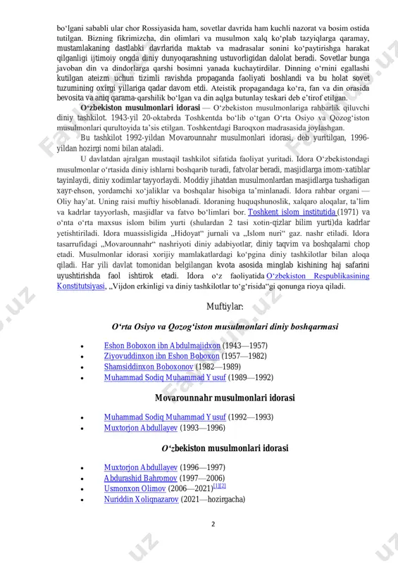 idagi rezolyusiyani qabul qilish haqidagi taklifning ijtimoiy siyosiy ahamiyati. 3. konfessiya tushunchasining mohiyati va o‘zbekistonda faoliyat yurituvchi diniy konfessiyalarning tasnifi. 4. o’zbekisatonda vijdon erkinligi va diniy tashkilotlar haqidagi qonun qabul qilinishining tarixi va uning ahamiyati. vijdon va eʼtiqod erkinligining taʼrifi. 5. davlat va din munosabatlarini tartibga solishning tiplari. (identifikatsion model, separatsion model va kooperatsion modellar). sekulyarlashuv jarayoni. 2 boʻlgani sababli ular chor rossiyasida ham, sovetlar davrida ham kuchli nazorat va bosim ostida tutilgan. bizning fikrimizcha, din olimlari va musulmon xalq koʻplab tazyiqlarga qaramay, mustamlakaning dastlabki davrlarida maktab va madrasalar sonini koʻpaytirishga harakat qilganligi ijtimoiy ongda diniy dunyoqarashning ustuvorligidan dalolat beradi. sovetlar bunga javoban din va dindorlarga qarshi bosimni yanada kuchaytirdilar. dinning oʻrnini egallashi kutilgan ateizm uchun tizimli ravishda propaganda faoliyati boshlandi va bu holat sovet tuzumining oxirgi yillariga qadar davom etdi. аteistik propagandaga koʻra, fan va din orasida bevosita va aniq qarama-qarshilik boʻlgan va din aqlga butunlay teskari deb eʼtirof …
