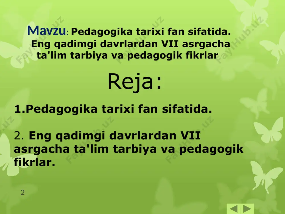 dlarimiz qoldirgan ma‘naviy merosining o`zi bir xazina. bu xazinadan oqilona foydalanish lozim" - "qadrlar tayyorlash milliy dasturi" bo`lajak mutaxassislarning jamiyatda o`z o`rnini topa bilishiga keng imkoniyat yaratadi. mustaqillik davrida xar bir inson o`z tarixini chuqur bilgandagina o`zligini anglay oladi. tariximizda juda ko`p ta‘lim-tarbiya tizimlari mavjud bo`lganligi tufayli mutaxassis o`sha davrdagi g`oya va ta‘lim-tarbiya mazmunini tahlil qilib, uni ijodiy rivojlantirmog`i lozim. i.karimov abdulla avloniyning "tarbiya biz uchun yo hayot, yo mamot yo najot masalasidir" degan fikrini ko`p mushohada qilib shunday yozgan edi: "buyuk mutafakkirlarni bu so`zlari asrimiz boshida millatimiz uchun, qanchalar muhim, dolzarb bo`lgan bo`lsa, hozirgi kunda biz uchun ham shunaliq balki undan ham ko`ra muhim va dolzarbdir..."'. o`tmishdagi pedagog olimlar qoldirgan" pedagogik qadriyatlar yosh avlod tarbiyasi uchun dasturul amaldir. mustaqillik tufayli pedagogika tarixini o`rganishda yangi-yangi muammolar o`rganilmoqda. mustaqqillik pedagogik g`oyalarning rivojlanishida tarixiy izchillikni amalga oshirish, qadrlarning ma‘naviy, g`oyaviy tarbiyasini shakllantirishda pedagogik qadriyatlarga suyanish, ta‘lim-tarbiya sohasidagi o`tmish meros va umumbashariy qadriyatlar, …