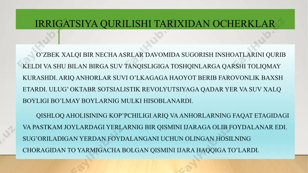 gi yirik irrigatsiya qurilishlari bundan tashqari 1940-1941 yillarda o’zbekistonning barcha oblastlarida xalq tezkorlik usuli bilan yirik sug’orish kanallari qazildi . toshkent kanali, shimoliy farg’ona kanali , xorazmdagi toshkent kanali, qoraqolpog’istondagi lenin nomli kanal va boshqalar shular jumlasidandir. suv uchun bo’lgan ikki yillik kurashda o’zbekistonda faqat yirik irrigatsiya qurilishlarida 62 mln kub. metr hajmdagi yer ishi bajarildi va suv inshoatlari uchun 153 ming kub. metr beton yotqizildi o’zbekistondagi yirik irrigatsiya qurilishlari 1941- yilda fashistlar germaniyasining sovet ittifoqiqa qarshi boshlagan xionona hujumi tufayli kata kanallar va inshoatlar quruliushi to’tatildi. urush darida kolxozlarning don, poliz va boshqa ekinlar o’stiriladigan yerlardagi bo’sh joylarga suv chiqarish ishlari olib borildi. o’zbekistonda faqatbir yil ichida , yangi 1942 – yilda 242 ming ga yangi yer va don o’stiriladigan zarang yerlarga suv chiqarildi . 1950- yildan boshlab respublikada yangi sug’orish sestimasiga o’tildi, sug’oriladiga uchastkalar yiriklashtirildi, xo’jaliok ishlarining kompleks mexanizatsiyalashni joriy qilsh uchun doimiy sug’orish tarmoqlarining ortiqchasi tugatildi markaziy …