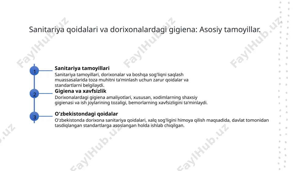 iyati gigiena va sanitariya tamoyillari ommaviy salomatlikni ta'minlash dorixonalar sog'liqni saqlash tizimining ajralmas qismi hisoblanadi, ularning sanitariya qoidalari bemorlar uchun zarur holatlarni ta'minlaydi va xavfsiz muhit yaratadi. sanitariya qoidalari dorixonalar ichida gigiena va tozalikka qaratilgan bo'lib, ularning bajarilishi sog'liqni saqlashni yaxshilashga va kasalliklarning tarqalishini oldini olishga yordam beradi. dorixonalar ommaviy salomatlikni ta'minlashda muhim rol o'ynaydi, chunki ular aholini dorilar va tibbiy xizmatlar bilan ta'minlab, sog'liqni saqlashni rivojlantiradi. e'tiboringiz uchun rahmat! /docprops/thumbnail.jpeg