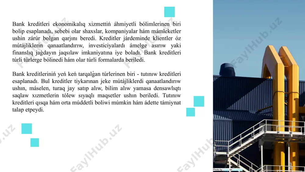 kreditti qaytarıw múddetin ózgertiw yamasa kredittiń shártlerin beyimlestiriw imkaniyatın usınıwı múmkin. birneshe kredit formaları da bar, olar ishinde lizing kreditleri, qimbat bahalı qaǵazlar arqalı támiyinlengen kreditler hám shet el kreditleri de bar. bul formalar kóbirek úlken muǵdardaǵı qarjılardı talap etetuǵın, sonday-aq, arnawlı shártlerge ie bolǵan kreditler bolıp esaplanadı.juwmaqlap aytqanda, bank kreditleri klientlerdiń finanslıq mútájliklerine qarap hár túrli forma hám túrlerde bolip, olar ózine tán shártler hám imkaniyatlardı usinadi. hár bir kredit túri ózine tán ózgesheliklerge iye bolıp, klientke óz maqsetlerine yerisiw ushın zárúr bolǵan qarjın alıw imkaniyatın beredi. juwmaq. bank kreditleri ekonomikalıq xizmette áhmiyetli orin tutadi, sebebi olar shaxslar hám shólkemlerge kerekli qarjını usinıp, rawajlanıw imkaniyatların jaratadı. kreditler hár túrli túr hám formalarǵa bólinip, klientlerdiń finanslıq mútájliklerine maslasadı. hár bir kredit túri óziniń arnawlı shártleri hám imkaniyatları menen ajıralıp turadı, bul bolsa klientlerge óz talaplarına sáykes bolǵan kreditti tańlawda keń imkaniyat jaratadı. bank kreditleriniń shártleri hám procent stavkalarına itibar beriw, …