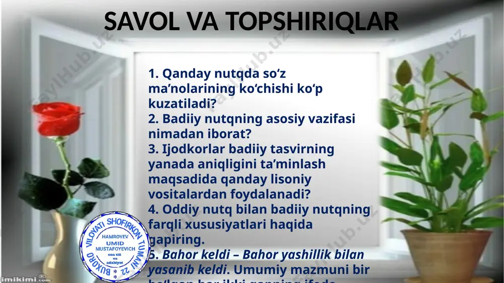 salan, loqaydlik tufayli ko‘rsak ham, indamaymiz tarzidagi jumlada so‘z tartibidagi nuqson sababli fikr ikki xil tushunilishi mumkin, ya’ni «loqaydlik tufayli ko‘rish» (bu, albatta, mantiqqa zid) va «loqaydlik tufayli indamaslik». aslida, ifodalanmoqchi bo‘lgan fikr – ularning ikkinchisi. jumladagi so‘z tartibi ko‘rsak ham, loqaydlik tufayli indamaymiz tarzida tuzilsa, mantiq to‘g‘ri ifodalanadi. bilib oling! 43-mashq. gaplarni o‘qing. gap qurilishidagi kamchiliklar tufayli yuzaga kelgan yanglishlik haqida bahslashing. namuna: gapda qon kasalliklari birikmasi gapdagi boshqa bo'laklar bilan noo'rin bog'langan. gap qurilishida ham, qo'shimchalami qo'llashda ham kamchiliklar mavjud. agarda shunga qaror qilgan bo'isa, mazkur amaliyotni reja asosida amalga oshirgan ma’qul. ya’ni malakali mutaxassisga murojaat qilish, zarur qon tahlillarini topshirish, yurak faoliyatini tekshirtirish orqali sog’lom bo'lishga erishish mumkin tarzida gap tuzilsa, mantiqan to'g’ri bo'ladi. 1. agarda shunga qaror qilgan bo‘lsa, mazkur amaliyotni, albatta, reja asosida amalga oshirgan ma’qul. ya’ni malakali mutaxassisga murojaat qilishi, zaruriy qon tahlillarini topshirishi, yurak faoliyatlari tekshiruvi, qon kasalliklari, sog‘lom bo‘lishi zarur. 44-mashq. gaplardagi …