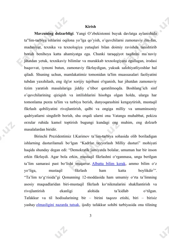 a ravishda to‘g‘ri, izchil o‘rinda ifodalash, egallangan bilimlarni mustahkamlashga xizmat qiladigan mustaqil matn yaratishning universal texnologiyasi modulini ishlab chiqish, shu tizim asosida o‘quvchining matn yaratish ko‘nikmalarini shakllantirish va rivojlantirish masalalariga bag‘ishlangan. davlat ta’lim standartlari talabalari asosida ona tili o‘qitishning bosh maqsadi o‘quvchilarda mustaqil fikrlash, ijodiy fikr mahsulini yozma, og‘zaki shakllarda to‘g‘ri, ravon ifodalash ko‘nikmalarini shakllantirish ekan, demak, til o‘qitish metodikasi fani oldida o‘z yechimini kutib turgan navbatdagi dolzarb vazifa – o‘quvchilarda mustaqil matn yaratish ko‘nikmalarini shakllantirish muammosining ijobiy yechimini topishdan iborat. biz tanlagan ilmiy-tadqiqot mavzusi ana shu muammoning ilmiy – amaliy yechimini topish maqsadida amalga oshirildi bmi mavzusining dolzarbligi ham ana shu ilmiy-metodik zaruriyat bilan belgilanadi. kurs ishining ob’ekti va predmeti: boshlang’ich sinflarda matn yaratishni shakllantirish kurs ishining predmeti matn yaratish haqida fikrga ega bo’lish kurs ishining maqsadi va vazifalari: matn yaratishdan maqsad : · fikrlash doirasini kengaytrish, · o’quvchilarni izlanuvchanlikka undash, · ularni ko’proq ma’lumotga ega bo’lishi ta’minlash · …