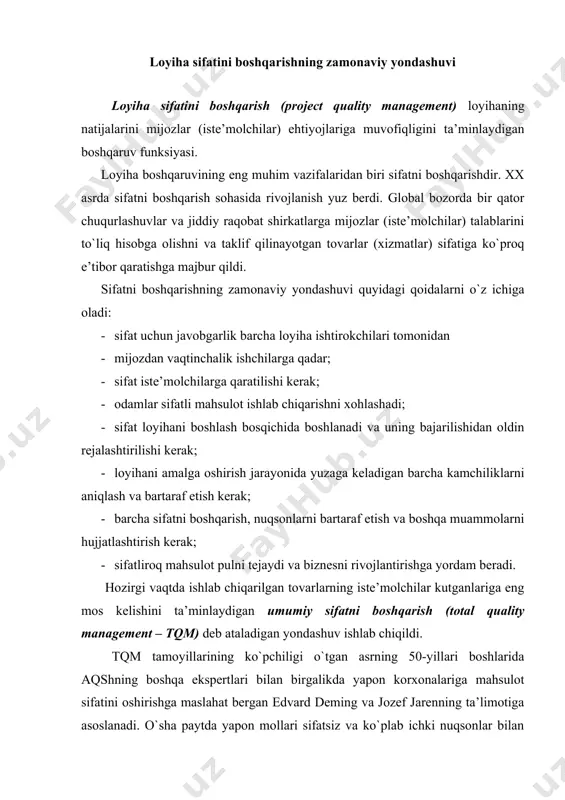 ming statistika jarayonini nazorat qilish va ishlab chiqarish jarayoniga sifatni integratsiya qilish bo`yicha seminarlar o`tkazish uchun bir necha marta yaponiyaga safar qildi. uning aytishicha, ishlab chiqarish muammolarining aksariyati jarayonning o`zida yuzaga keladi va statistika bu jarayonni nazorat qilishda yordam beradi. jaren sifat nazorati bo`yicha boshqaruv yondashuvini belgilab oldi va loyihadan loyihaga qadar mahsulotni ishlab chiqish bilan loyiha jamoalarida ishlash orqali mijozlar ehtiyojini qondirishga e’tibor qaratdi. u barcha darajalarda - ishchilardan kompaniya menejerlariga o`qishga bo`lgan ehtiyojni ta’kidladi va mahsulot sifati yaxshilanishiga qaratilgan qadamlar doimiy bo`lishi kerakligini ta’kidladi. deming, boshqarish nazariyasida ishlatiladigan 14 sifatni yaxshilash tamoyilini ishlab chiqdi: tovarlar va xizmatlarni yaxshilashga doimo intilish; sifatni boshqarish falsafasini qabul qilish; sifatni oshirish bo`yicha keng ko`lamli tekshiruv amaliyotlarini rad etish; yetkazib beruvchilarni va pudratchilarni minimal narx bo`yicha tanlashni rad etish tayyor mahsulotlar (ishlar, xizmatlar); tovar va xizmatlar ishlab chiqarishni muntazam takomillashtirish; ish joyidagi mashg`ulotlarni joriy qilish; yetakchilik nazariyasini qabul qilish va qo`llash; qo`rquvni ta’qib …