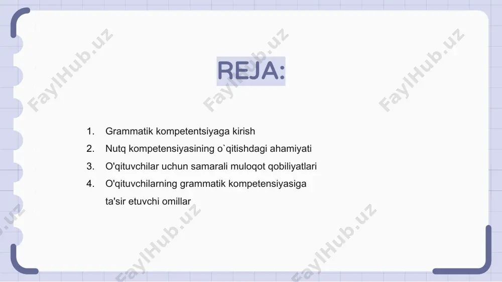matik mahoratiga ta’lim darajasi, tayyorgarligi va tajribasi kabi omillar ta’sir ko‘rsatadi. uzluksiz kasbiy rivojlanish va qayta aloqa mexanizmlari o'qituvchilarning grammatik ko'nikmalarini oshirishga yordam beradi. to'g'ri grammatika va tildan foydalanish qobiliyati ma'lumotni to'g'ri etkazish va talabalarning o'quv natijalarini yaxshilashga yordam beradi. bundan tashqari, o'qituvchining tilga bo'lgan buyrug'i o'quvchilarning sinfdagi faolligiga va motivatsiyasiga ta'sir qilishi mumkin. o‘qituvchilar uchun qulay o‘quv muhitini yaratish uchun o‘zlarining grammatik va nutqiy kompetensiyalarini takomillashtirish ustida doimiy ish olib borishlari zarur. kasbiy rivojlanish orqali nutq malakasini oshirish o'qituvchilarning grammatik va nutqiy ko'nikmalarini takomillashtirish sinfda samarali muloqot qilish uchun juda muhimdir. kasbiy rivojlanish dasturlari ushbu malakalarni oshirishi mumkin. seminar va treninglarda qatnashish orqali o'qituvchilar nutqni yetkazib berish va grammatikadan foydalanishni yaxshilash uchun yangi strategiyalarni o'rganishlari mumkin. bu oxir-oqibat o'quvchilarning tushunishi va faolligiga foyda keltiradi. doimiy rivojlanish imkoniyatlari orqali o'qituvchilar o'zlarining til ko'nikmalarini yaxshilashda davom etishlari mumkin, bu esa talabalar uchun yanada qiziqarli va samarali ta'lim muhitini yaratishi mumkin. grammatik …