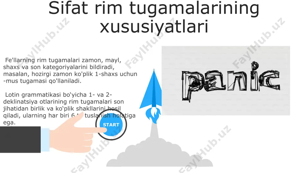 gan. 06 05 04 rim tugamalarini tahlil qilish metodlari 01 02 statistik usullar yordamida, masalan, 100 ta misolda rim tugamalarining chastotasini hisoblash orqali, ularning ishlatilish xususiyatlarini aniqlash mumkin. rim tugamalari tahlilini amalga oshirishda morfologik va sintaksis tahlil usullarini qo‘llash, jumladan, 5 ta asosiy fe’l shakli va ularning qo‘shimchalarini aniqlash muhimdir. rim tugamalarining tarixiy rivojlanishi klassik lotin davrida rim tugamalari fe'l va otlarning turli shaxs, son va zamonlarini aniqlashda muhim rol oʻynagan, 5-asrga kelib ularning funksiyasi soddalashgan. lotin tilidagi rim tugamalari yunon tilidan taʼsirlanib, 2-asrga kelib oʻzining morfologik tuzilmasini rivojlantirgan va bir qancha yangi shakllar paydo boʻlgan. e'tiboringiz uchun rahmat @taqdimot_robot image5.jpg image6.jpg image7.jpg image8.jpg image9.jpg image10.jpg image11.jpg image12.jpg image13.jpg image14.jpg image15.jpg image16.jpg image1.jpeg image2.jpeg image3.jpeg image4.jpeg
