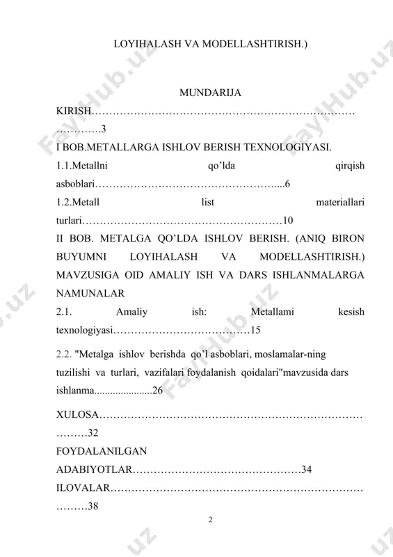 logik xususiyatlar: bolg‘alanuvchanlik, kirishuvchanlik, suyuq holatda oquvchanlik, payvandlanuvchanlik, kesib ishlanuvchanlik. odatda sanoatda metallar sof holatda emas, balki qotishma ko‘rinishida ishlatiladi. cho‘yan, po‘lat, bronza, latun, dyuralyuminiylar eng ko‘p ishlatiladigan metall qotishmalari hisiblanadi. sanoatda metall buyumlar prokatlash hamda quyma usulida ishlab chiqariladi. metall va metall qotishmalarini qizdirib yoki sovuq holida prokatlash, ya’ni qarama-qarshi aylanuvchi valiklar orasidan ezib o‘tkazib olish usulida olinadi.prokatlash usulida tunuka, burchaklik, sim kabi turli ko‘ndalang kesimga ega shakllardagi metall qotishmalar tayyorlanadi. quyma usulida murakkab shakldagi buyumlar va detallar olinadi. o‘quv ustaxonasida sizlar asosan tunuka va similar xossalari bilan tanishasiz va ish ko‘rasiz. metalldan buyum tayyorlovchi ustalar chilangar dab yuritiladi. ular metall va uning qotishmalari xususiyatlarini bilishi, asbob-ukunalar hamda stanoklarni ishlatish ko‘nikmalariga ega bo‘lishi kerak. metallga qo‘lda va mexanik usulda ishlov berish chilangarlik ustaxonasida amalga ishiriladi. metallarning tashqi ko‘rinishi va o‘ziga xos belgilari:sizlar metallarning har xil xossalarga ega ekanligini bilasiz. ularning ayrimlari yumshoq va qayishqoq, ayrimlari esa qattiq, bukiluvchan yoki …