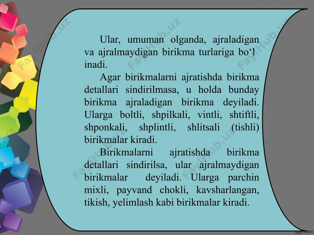tores ko‘rinishida tasvirlanmaydi. sterjenga o‘yilgan rezbaning tores ko‘rinishiga ahamiyat bersangiz, uning kichik diametri aylananing simmetriya o‘qlari orasidagi bitta chorakka kam qilib chizilgan. xuddi shu holatni teshikka o‘yilgan rezbaning katta diametrida ham ko‘rasiz. rezbalarning bu diametrlari aylana simmetriya o‘qlaridan birini kesib o‘tsa, ikkinchisiga yetmaydi. rezbalarni belgilash. rezbalarni shartli tasvirlariga qarab tayyorlash qiyin. shuning uchun rezbalarning chizmalarida ularning tashqi (katta) diametri d va qadami p beriladi (22.l-chizma, a, c). rezba diametri va qadamini belgilovchi yozuv rezbani belgilash deyiladi. rezbalarning turi ko‘p. ularning metrik va quvurli rezbalari bilan tanishasiz. metrik rezbalarning proﬁ li teng tomonli uchburchak bo‘lib, uchidagi bur chagi 60° ga teng (22.1-chizma, a, c). metrik rezbalar mayda va yirik qadamli qilib tayyorlanadi. o‘lchamda rezbaning mayda qadamliligi ko‘rsatilsa, yirik qadamli rezbada qadami ko‘rsatilmaydi. mayda va yirik qadamlar standart bo‘yicha maxsus jadvallarda beriladi. metrik rezbalarning o‘lchami soni oldiga m harﬁ qo‘yiladi. masalan, tashqi rezbasi 24 mm, qadami 2 mm bo‘lgan rezbaning shartli belgilanishi …