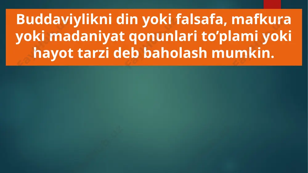 bir qatorda, buddaning yana qaytib kelishi va yer yuzida adolatli xokimiyat o’rnatishi to’g’risidagi uydirmaga keng o’rin berilgan. lamaizmni ko’chmanchi, qoloq, savodsiz xalq hayotiga moslashtirishga urinish mavjud; undagi ibodat qilish tartibi ham ancha soddalashtirilgan kushonlar imperiyasida buddaviylik dinining davlat dini darajasiga ko’tarilishi. bir guruh tadqiqotchilar mazkur din o'rta osiyoga kirib kelishini kushonlar shohi kanishka hukmronligi davriga taalluqli deb biladilar (i-asrning oxiri - ii asrning boshlari). ikkinchi guruh esa bu jarayonning boshlanishini biroz ertaroq deb hisoblaydi. tadqiqotchi b.a litvinskiyning fikricha, buddizm shimoli-fapbiy hindiston va janubiy afg'oniston (qandaxor) orqali taxminan mil. av. iii acrda baqtriyaga (o'zbekistonning janubiy hududlari) tarqala boshlagan. o‘zbekistonda buddaviylik dinining tarixiy ildizlari (qaratepa, fayoztepa, dalvarzintepa) hozirgi termizdagi koratepa, fayoztepa, sayram, topilayotgan budda haykalchalari yoki ularning parchalari, ayritomdagi ayvon peshtoqi parchasidagi buddist musiqachilarning tasviri va boshqa osori atiqalar, saroy va ibodatxonalar o'rta osiyodagi buddizm haqida xabar beruvchi manbalardir. bu dinga tegishli yozma manbalar qadimgi turkiy yozuvda, uyg'ur bitiklarida va boshqa yozuvlarda …