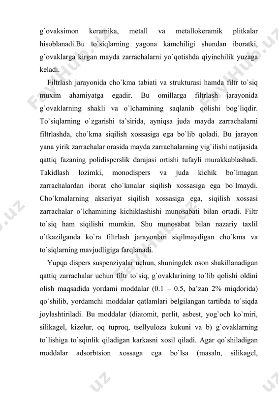kelishi mumkinligini eslatib o`tamiz. markazdan kochish kuchi ta’sirida vujudga keladigan bosim o`zgarishlari keltirib chiqaradigan suzgich asboblarni-suzuvchi sentrifuzgalar deb ataladi. xar-hil konstruktsiyali suzgichlar va xilma-xil hususiyatlarga qarab ular uzlukli va uzluksiz ishlaydigan asboblarga bo`lgan holda biz ko`p tarqalgan suzgichlarni ko`rib chiqish bilan chegaralanamiz. eng oddiy uzluksizli ishlaydigan asboblardan biri nutch suzgichdir. u ko`pincha kam quvvatli ishlab chiqarishlarda ishlatiladi u suzgich ikkita teng bo`lmagan qismdan tashkil topgan bo`lib silindirsimon ko`rpusga o`xshaydi. suriladigan eritma yuqoridagi kameraga solinadi suzilgan suyuqlik pastki kameradan yig`ib olinadi. kerakli bo`lgan bosimlar farqi pastki kamerani vakumlashtirish natijasida hosil qilinadi bu vaqtda tepa kamera atmosfera bilan aloqada bo`ladi. cho`kma olib tashlanib yuvilgandan keyin jarayon qaytariladi qo`shimcha moddalardan xoli cho`kmalar olish hollarida nutch suzgichlar qulaydir. shilliq cho`kmali suyuqliklar juda qiyin suziladi. shuningdek efirlar va spirtli ajratmalarni suzish mumkin emas chunki efir va spirt yuqori razryad tez uchadi va uning parlari surgich bilan surilib havoga chiqa boshlaydi. ko`p tarqalgan bosim ostida ishlaydigan …