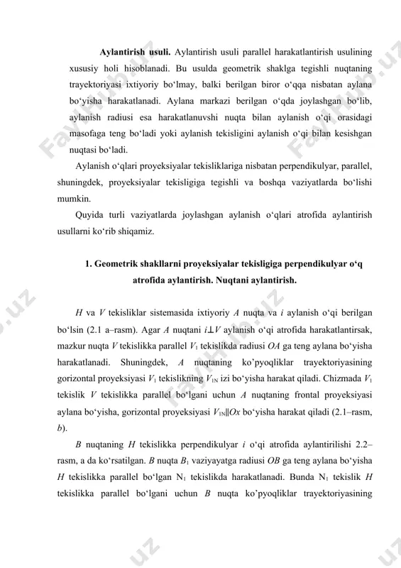 likda harakatlanadi. bunda n1 tekislik h tekislikka parallel bo‘lgani uchun b nuqta ko’pyoqliklar trayektoriyasining gorizontal proyeksiyasi aylana bo‘yisha, frontal proyeksiyasi n1 tekislikning n1v izi bo‘yisha ox ga parallel bo‘lib harakatlanadi. (2.2,b–rasm). a) b) rasm. a) b) rasm. yuqorida bayon qilinganlardan quyidagi xulosalarga kelamiz: 1-xulosa. agar a nuqta frontal proyeksiyalar tekisligiga perpendikulyar o‘q atrofida aylantirilsa, mazkur nuqtaning frontal proyeksiyasi aylana bo‘yisha, gorizontal proyeksiyasi ox o‘qiga parallel to‘g‘ri chiziq bo‘yisha harakatlanadi. 2-xulosa. agar nuqta gorizontal proyeksiyalar tekisligiga perpendikulyar o‘q atrofida aylantirilsa, nuqtaning gorizontal proyeksiyasi aylana bo‘yisha, frontal proyeksiyasi ox o‘qiga parallel to‘g‘ri chiziq bo‘yisha harakatlanadi. nuqtani proyeksiyalar tekisligiga perpendikulyar o‘q atrofida aylantirish qoidalariga asosan umumiy vaziyatda joylashgan geometrik shakllarni xususiy yoki talab qilingan vaziyatga keltirish mumkin. 1–masala. umumiy vaziyatdagi ab(a′b′, a″b″) kesmani v tekislikka parallel vaziyatga keltirilsin. (2.3–rasm). yechish. ab kesmaning biror, masalan b ushidan i⊥h aylantrish o‘qi o‘tkaziladi. so‘ngra bu o‘q atrofia kesmaning a′b′ gorizontal proyeksiyasini a′b′∥ox vaziyatga kelguncha aylantiramiz. bunda …