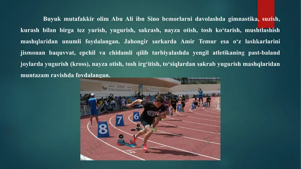 a mashg‘ulotlariga qishloq yoshlarini jalb qila boshlaydi. 1926-yilning 15-iyulida toshkentsh shahrining eski shahar hududida ,,spartak“ stadionining tantanali ochilishi bo‘lib o‘tdi. 1927-yilda 1-umum o‘zbek spartakiadasi, 1928-yilda ikkinchi ana shunday musobaqa o‘tkazilib, u i butumttifoq spartakiadasiga tayyorgarlik edi. o`zbek sportchilarining musobaqalarda birinchi o‘rinlarni egallashlarida o‘sha davr sportining yetuk mutaxassislari — murabbiylar n. ovsyannikov, p. kravchenko, p. klyauzu, g. kotsarev, v. skavinskiylarning xizmatlari juda katta bo‘lgan. 1936-yilning sentabrida iv umum o‘zbek spartakiadasi o‘tkazildi. spartakiada yengilatletikachilar o'rtasida bo‘lib o‘tgan musobaqalarda l. shaternikova, v. sexmestrenko, m. toporova, t. beselnova, l. olixova, a. kotsarevlar o‘z turlari bo‘yicha o‘zbekiston rekordini, shuningdek, boshqa yengil atletikachilar 32 ta rekord o‘rnatdilar. 1937-yilda toshkent, samarqand, farg‘ona, buxoro va boshqa shaharlarda yengil atletika bolimlari tashkil etilib, birinchi sport maktablari ochildi. bu xayrli ish tezda o‘z mevasini berdi. 1938-yili yengil atle tik abo‘yicha sobiq ittifoq birinchiligida o‘zbekistonlik yosh yengil atletikachilar jamoasi ikkinchi o‘rinni egallashdi. urushning og‘ir yillarida ham respublikada jismoniy tarbiya hayoti so‘nmadi. …