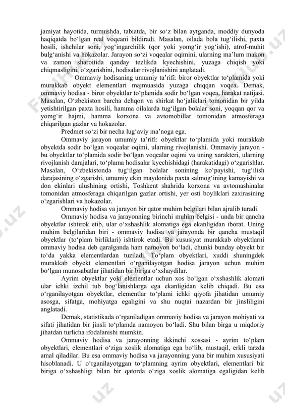 o‘z o‘zidan statistikani qiziqtirmaydi. u to‘plam bo‘yicha umumiy ko‘rsatkichlarni olish uchun asos sifatida statistika diqqatini tortadi. masalan, nikohni qayd qilish oila quruvchi ikki yosh uchun ahamiyat kasb etadi, chunki ularning oilaviy huquq va vazifalarini belgilaydi, shu jihatdan davlat tashkiloti-zags larni ham qiziqtiradi, chunonchi ular huquqiy oila munosabatlari ustidan nazorat olib borish uchun tuzilgan. bu fakt statistika uchun qayd qilingan nikohlar soni, yangi oilalar a’zolarining yoshi, yashash manbaalari va xokazolar haqidagi umumiy ko‘rsatkichlarni olish jihatidangina ahamiyatga ega. garchi faktlar gung bo‘lsa ham, ularni tushunish kerak, talqin eta bilish lozim. statistikaga ana shunday yo‘sinda yondashish natijasida bu so‘zning ma’nosi boyidi, u mazmunan yangi jihatga ega bo‘ldi. statistika - bu fan tarmog‘i, amaliy faoliyat sohasi, bilim yo‘nalishi, bilish quroli. statistika deganda ma’lumotlar to‘plash jarayoni ham ularni qayta ishlab, xolisona va aniq talqin etish qoidalari ham tushuniladi. ana shu mazmunda statistika ham fan, ham faoliyat sohasi, ham kasb turidir. u uyushtirilgan bilim tarmog‘i ham, …