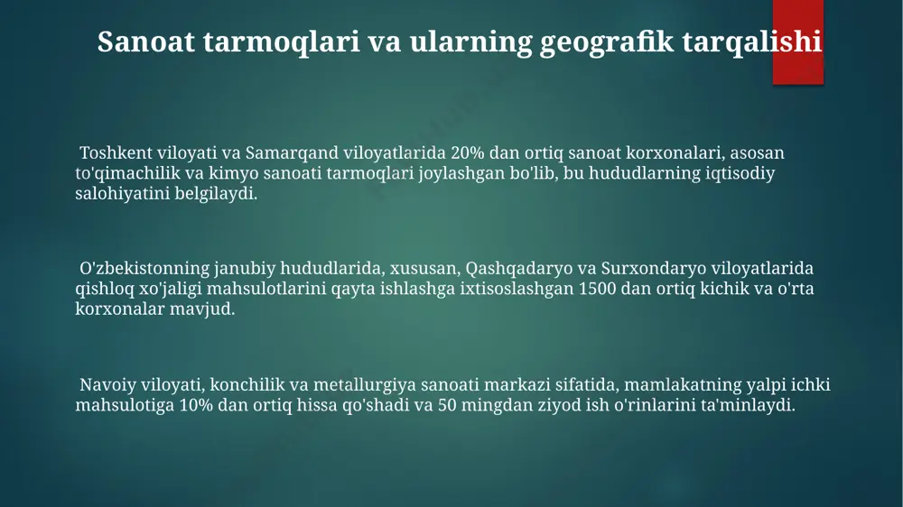 n, qirgʻiziston, tojikiston, turkmaniston va afgʻoniston bilan chegaradosh boʻlgan strategik ahamiyatga ega hududda joylashgan. iqtisodiy zonalar va maxsus iqtisodiy hududlar jizzax viloyatidagi “jizzax” erkin iqtisodiy zonasida kimyo sanoati, to'qimachilik va qishloq xo'jaligi mahsulotlarini qayta ishlash bo'yicha 10 dan ortiq yirik korxona faoliyat yuritadi. surxondaryo viloyatining “termiz” erkin iqtisodiy zonasida 200 dan ortiq xorijiy investitsiyalar bilan ishlaydigan korxona 5000 dan ziyod ish o'rinlarini yaratdi. navoiy viloyatida joylashgan “navoiy” erkin iqtisodiy zonasida 2023 yil yakunlari bo'yicha 5 milliard aqsh dollaridan ortiq tovarlar ishlab chiqarildi va eksport qilindi. investitsiyalar va xorijiy kapital 2022 йилда ўзбекистонга жами 3,5 миллиард ақш долларидан ортиқ хорижий инвестициялар киритилган бўлиб, бунинг катта қисми хитой ва россиядан келган. қишлоқ хўжалиги соҳасидаги инвестициялар, айниқса, пахта ва ғалла етиштиришдаги технологияларни модернизациялашга йўналтирилган бўлиб, 2023 йилда бу соҳага 500 миллион ақш долларидан кўп инвестиция киритиш режалаштирилган. ўзбекистоннинг эркин иқтисодий зоналари, хусусан, навоий ва жиззахдагилари хорижий инвестицияларни жалб қилишда муҳим роль ўйнамоқда, уларда …