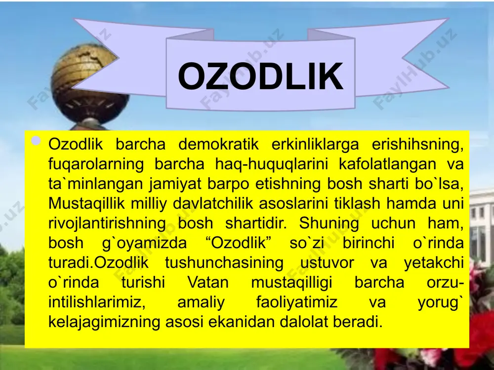 hayotga, mehnatga, yerga munosabatini tubdan o`zgartirish muhim ahamiyat kasb etadi. chunki farovon turmush asosi erkinlik, tadbirkorlik, tashabbuskorlikdir. komil inson g`oyasi komillik -mukammallik deganidir. inson mukammal bo`lishi uchun ozod va hur bo`lishi lozim. chunki ozod va hur insongina erkin harakat qila oladi, o`zining jismoniy va ma`naviy sifatlarini oshirish yo`lida intiladi. shuning uchun vatanimiz mustaqillikka erishgandan so`ng sog`lom va barkamol avlodni voyaga yetkazishga e`tibor kuchaydi. kamillikni orzu qilmagan, barkamol avlodlarni voyaga yetkazish haqida qayg`urmagan xalqning, millatning kelajagi yo`q. bunday xalq va millat tanazzulga mahkum. ijtimoiy hamkorlik jamiyatga turli toifalar - siyosiy kuchlar va partiyalar o`rtasidagi ijtimoiy hamkorlikdir. ijtimoiy hamkorlik - murosa falsafasi bo`lib, xilma-xil qarashlar va fikrlarga ega bo`lgan, turli millat, irq va dinga mansub shaxs va guruhlarning umumiy maqsad yo`lidagi hamjihatligini ta`minlaydi. millatlararo totuvlik (hamjihatlik) jahonning aksariyat mamlakatlari kabi, o`zbekiston ham ko`p millatli davlat. 130 dan ortiq millat va elat vakillari o`zbekistonni o`z vatani deb biladi. shuning uchun, bu muborak zamin …