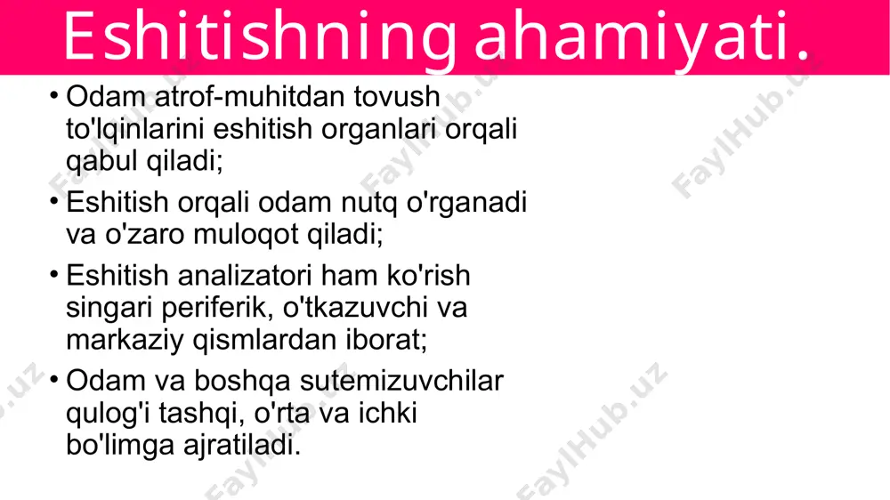 nervlari orqali miya yarimsharlarining chakka qismidagi eshitish markaziga o'tadi; bu yerda tovushning xususiyati, kuchi va balandligi tahlil qilinadi. eshitishning buzilishi, eshitish gigiyenasi. eshitish pasayishining sababi ko'pincha tashqi eshitish yo'lida oltingugurt to'planib qolishi bilan bog'liq; bu moddani tashqi eshitish yo'lidagi bezlar ishlab chiqaradi. bunday hollarda shifokorga murojaat qilish zarur; oltingugurt tiqinini cho'p yoki o'tktr narsalar bilan olishga urinish quloqning nog'ora pardasiga jarohat yetkazishi mumkin. kuchli shovqin quloqqa uzoq vaqt davomida ta'sir qilib turganida nog'ora pardaning tarangligi pasayib, quloq eshitmaydigan bo'lib qoladi; o'ta kuchli tovush, masalan, portlashda hosil bo'ladigan tovush to'lqini nog'ora pardani yirtib yuborishi mumkin; portlash vaqtida og'izni ochib turish nog'ora pardaga ta'sirni kamaytiradi. darslikda berilgan mavzuni o‘qib o‘rganib, tayanch so`zlarni tahlil qiling uyga vazifa http://nambiolog.zn.uz https://t.me/nambiolog https://t.me/nambiolog_bot https://t.me/nambiolog_group image1.jpg image2.jpg image3.png image4.png image5.png image6.png image7.png image8.png image9.png image10.png image11.png image12.png /docprops/thumbnail.jpeg