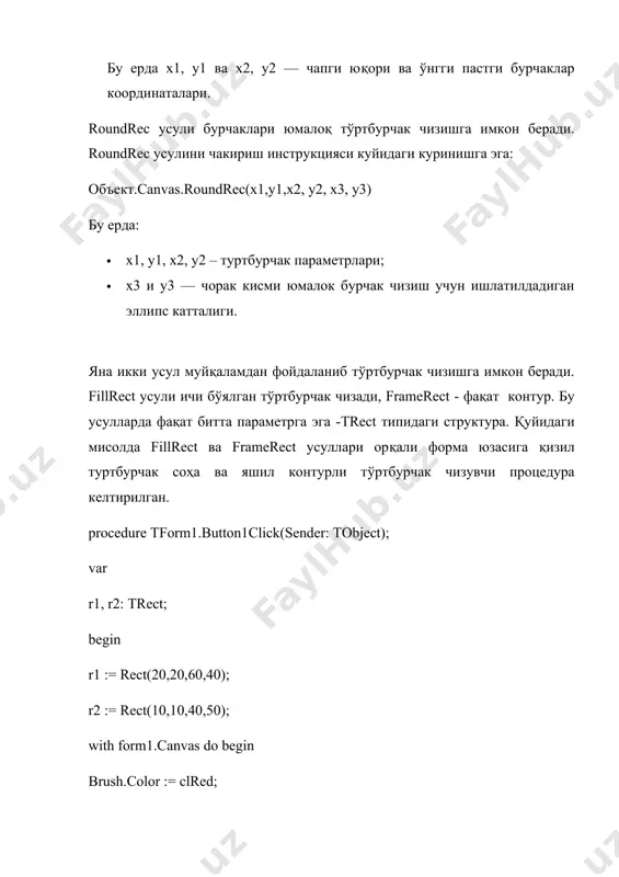 нувчи айлана дастури формаси ҳаракатланувчи айлана дастури матни unit unit1; interface uses windows, messages, sysutils, variants, classes, graphics, controls, forms, dialogs, extctrls, stdctrls; type tform1 = class(tform) timer1: ttimer; procedure formactivate(sender: tobject); procedure timer1timer(sender: tobject); private { private declarations } public { public declarations } end; procedure ris; var form1: tform1; x,y: byte; implementation {$r *.dfm} procedure ris; begin form1.canvas.pen.color:=form1.color; form1.canvas.ellipse(x,y,x+10,y+10); x:=x+5; form1.canvas.pen.color:=clblack; form1.canvas.ellipse(x,y, x+10, y+10) ; end; procedure tform1.formactivate(sender: tobject); begin x:=0; y:=10; timer1.interval:=50; end; procedure tform1.timer1timer(sender: tobject); begin ris; end; end.
