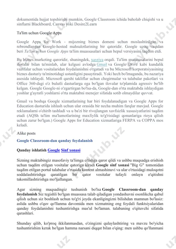 r bilan ta'minlab, ular kelgusi avlodga gmail va google drive kabi kundalik vazifalar uchun vositalaridan foydalanishni o'rgatadi va bu microsoft korporatsiyasining biznes dasturiy ta'minotidagi ustunligini pasaytiradi. yoki hech bo'lmaganda, bu nazariya asosida ishlaydi. microsoft qarshi takliflar uchun chegirmalar va talabalar paketlari va office 360-dagi o'z bulutli dasturlarga ega bo'lgan ilovalar to'plamida agressiv bo'lib kelgan. google google-ni o'zgartirgan bo'lsa-da, google-dan o'rta maktabda ishlaydigan yoshlar g'ayratli yoshlarni o'rta maktabni menejer sifatida sotib olmaydilar quvvat. gmail va boshqa google xizmatlarining har biri foydalanadigan va google apps for education dasturida ishlash uchun ular orasida bir necha muhim farqlar mavjud. google reklamalarni o'chirib tashladi va u ba'zi bir rivojlangan xavfsizlik xususiyatlarini taqdim etadi (aqsh ta'lim ma'lumotlarining maxfiylik to'g'risidagi qonunlariga rioya qilish uchun zarur bo'lgan.) google apps for education xizmatlariga ferpa va coppa mos keladi. alike posts google classroom-dan qanday foydalanish qanday ishlatish google sinf xonasi sizning maktabingiz masofaviy ta'limga o'tishga qaror qildi va ushbu maqsadga …