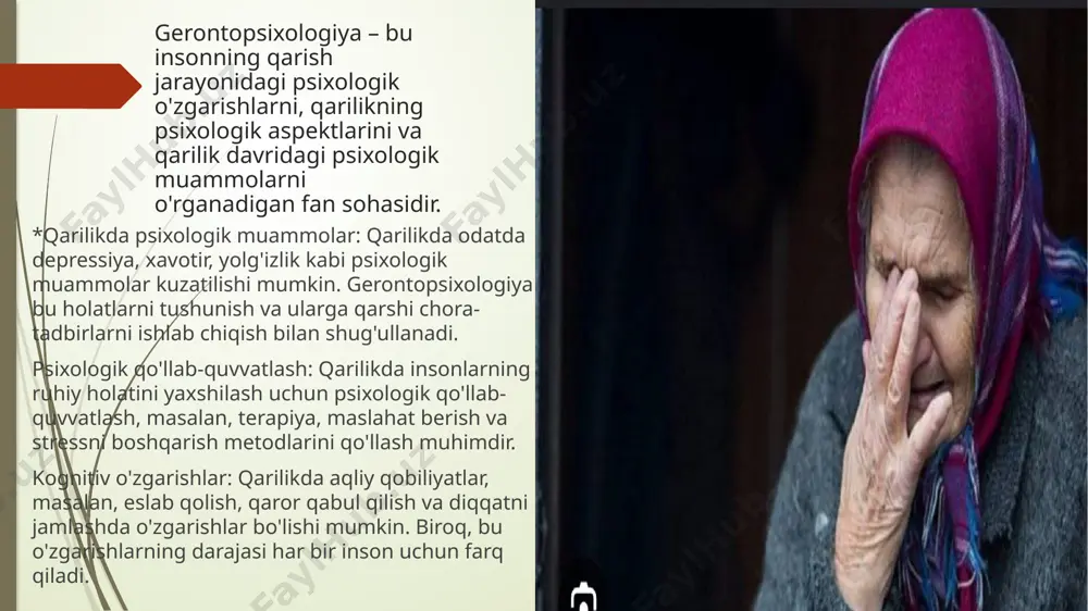 ya va boshqa ruhiy holatlar ko'plab omillarga bog'liq bo'lib, ular fiziologik, psixologik va ijtimoiy o'zgarishlar bilan yuzaga kelishi mumkin. o'zini yomon his qilish, ruhiy tushkunlik va ijtimoiy izolyatsiya kabi holatlar qarilikda ko'proq uchraydi. bu holatlar quyidagi sabablar bilan bog'liq bo'lishi mumkin: 1. fizik holatdagi o'zgarishlar: qarilikda jismoniy salomatlikning pasayishi, og'riqlar, uzoq muddatli kasalliklar (masalan, yurak kasalliklari, diabet) depressiyaning rivojlanishiga olib kelishi mumkin. 2. ijtimoiy izolyatsiya: qarilikda ko'plab odamlar o'z oilasi yoki do'stlari bilan aloqani yo'qotishadi, bu esa yolg'izlik va depressiyani kuchaytirishi mumkin. 3. yotqizilgan o'zgarishlar: o'z-o'zini boshqarish qobiliyatining pasayishi, o'zgarishlarga moslashishda qiyinchiliklar depressiyaga olib kelishi mumkin. 4. mushak va nerv tizimining yoshi bilan bog'liq pasayishi: miya faolligining pasayishi va gormonlar o'zgarishi ruhiy holatga ta'sir qilishi mumkin. 5. hayotdagi katta yo'qotishlar: qarilikda oila a'zolarining vafoti yoki boshqa qadrli insonlarning yo'qolishi, ish joyidagi o'zgarishlar depressiya va ruhiy stressni kuchaytirishi mumkin. qarilikni samarali boshqarish — bu faqat jismoniy emas, balki ruhiy, ijtimoiy va …