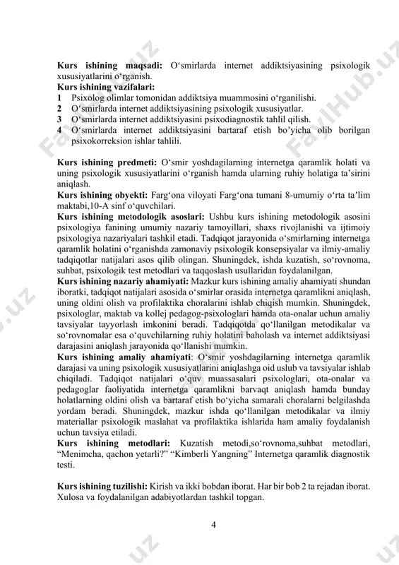 tlarida yoritilishi 1.1 psixolog olimlar tomonidan addiktsiya muammosini oʻrganilishi. o‘smir yoshdagilar orasida turli addiktsion holatlarning, jumladan internetga qaramlik, kompyuter o‘yinlariga haddan tashqari berilish kabi muammolarning keng tarqalayotgani bir qator psixolog olimlarning diqqat markazida bo‘lib kelmoqda. mazkur yo‘nalishda xorijiy va mahalliy olimlar tomonidan o‘tkazilgan tadqiqotlarda o‘smirlik davri psixologik rivojlanishining o‘ziga xos xususiyatlari, yoshlarning ijtimoiy-psixologik ehtiyojlari va ularning turli addiktsiyalarga moyilligiga ta’sir qiluvchi omillar atroflicha o‘rganilgan.jumladan, rus psixologi d.a. leontyev, e.p. ilyin va a.e. lichko tomonidan o‘smirlik davrida shaxsning ruhiy holati, emotsional beqarorligi, ijtimoiy moslashuvdagi qiyinchiliklar va nazorat mexanizmlarining zaiflashishi natijasida addiktsion xatti-harakatlar shakllanishi mumkinligi qayd etilgan. ularning fikricha, aynan o‘smirlik davri inson hayotidagi eng nozik va murakkab bosqich bo‘lib, bu davrda turli qaramliklar paydo bo‘lish ehtimoli yuqori bo‘ladi.mahalliy psixolog olimlardan b.o‘. to‘xtasinova, n.k. raxmatullaeva, d.a. tadjibayeva va boshqalar o‘z izlanishlarida o‘smirlar orasida internet va telefon addiktsiyasining keng tarqalganligini aniqlashgan. ularning tadqiqotlariga ko‘ra, yoshlarning internetga haddan ortiq bog‘lanishi ijtimoiy munosabatlarning sustlashuvi, ruhiy …