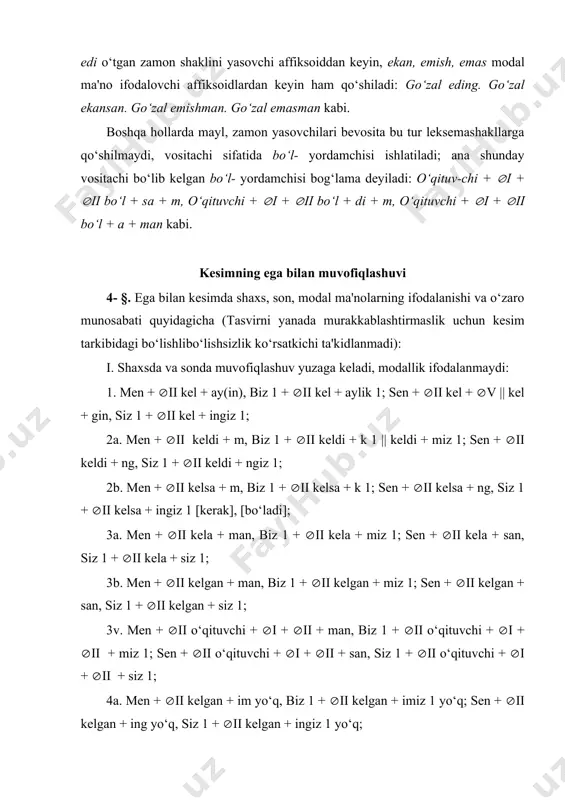 z 2 кеldi + к 2 || keldi + miz 2; 2b) biz 2 + (ii kelsa + k 2; 3a) biz 2 + (ii kela + miz 2; 3b) biz 2 + (ii kelgan + miz 2; 3v) biz 2 + (ii o‘qituvchi + (i + (ii + miz 2; 4a) biz 2 + (ii kelgan + imiz 2 yo‘q; 4b) biz 2 + (ii kelish + imiz 2 kerak. 2. (sizlash( ifodalanadi: 1) siz 2 + (ii + kel + ing || kel + ingiz 2; 2a) siz 2 + (ii keldi + ngiz 2; 2b) siz 2 + (ii kelsa + ngiz 2; 3a) siz 2 + (ii kela + siz 2; 3b) siz 2 + (ii kelgan + siz 2; 3v) siz 2 + (ii o‘qituvchi + (i + (ii ( siz 2; 4a) siz 2 + (ii kelgan + ingiz 2 yo‘q; 4b) siz 2 …