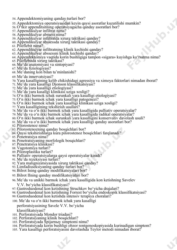 s tamoni nima? 40. churra xalta flegmonasi operatsiyasi vaqtida xirurg taktikasi nimadan iborat? 41. chuvalchangsimon usimta anatomiyasi, sintopiyasi? 42. chuvalchangsimon usimtaning kon bilan ta’minlanishi? 43. o‘tkir appenditsitning qanday etiologik nazariyalari bor? 44. o‘tkir appenditsit klassifikatsiyasi? 45. o‘tkir appenditsit patomorfologik o‘zgarishlari? 46. birlamchi gangrenoz appenditsit va ikkilamchi gangrenoz appenditsit farqi nimada? 47. o‘tkir appenditsit klinikasi? 48. o‘tkir appenditsitning qanday simptomlari mavjud? 49. o‘tkir appenditsitda tenezmlar nimadan dalolat beradi? 50. o‘tkir appenditsitda siydikda uzgarmagan eritrotsitlar bo‘lishi nimadan darak beradi? 51. o‘tkir appenditsit kariyalarda uziga xos kechishi qanday? 52. o‘tkir appenditsit xomilador ayollarda uziga xos kechishi qanday?. 53. o‘tkir appenditsitni qaysi 5 turdagi kasalliklardan farqlash kerak? 54. appendektomiyaning qanday turlari bor? 55. appedektomiya operatsiyasidan keyin qaysi asoratlar kuzatilishi mumkin? 56. o‘tkir appenditsitning operatsiyagacha qanday asoratlari bor? 57. appendikulyar infiltrat nima? 58. appendikulyar abssess nima? 59. appendikulyar infiltratda xirurg taktikasi qanday? 60. appendikulyar abssessda xirurg taktikasi qanday? 61. pileflebit nima? 62. appendikulyar infiltratning klinik …