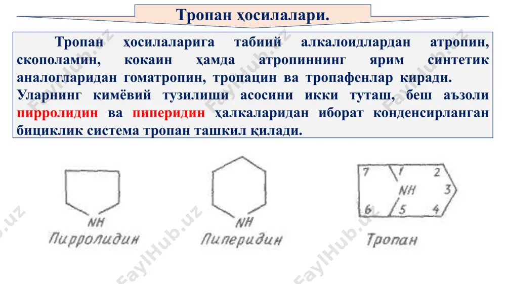 да, тозалаб ва майдалаб олинган скополия илдизини натрий карбонат ёки аммиак эритмаси билан ишланади. натижада асос ҳолида ажралиб чиккан алкалоидлар йиғиндисини бензол ёрдамида экстракция қилиб олинади ажратиб олинган алкалоидларнинг асосий қисмини қутбланган нур текислигини чапга бурувчи атропиннинг оптик изомери - гиосциамин ташкил қилади. белладонна бангидевона бангидевона мингдевона 1917 йилда рибинсон биринчи марта атропинни қаҳрабо альдегиди, метиламин, ацетон ва троп кислота асосида қўйидаги схема бўйича синтез қилиб олди: атропин сульфат atropini sulfas (1, 1-троп кислотанинг тропин эфири, сульфат) атропин сульфат ҳидсиз, тахир мазали кристалл порошок бўлиб, сув ва 95 % ли спиртда осон эрийди, хлороформда кам эрийди, эфирда эса эримайди. у 191-195°сда суюқланади. атропин, скополамин, тропацин ва тропафенларнинг чинлигини уларни барчасига хос витали-морен реакцияси бўйича аниқланади. бунда препаратнинг намунасига бир неча томчи концентрланган нитрат кислотаси кўшиб, сув ҳаммомида буғлантирилади. кейинчалик унга калий гидроксидининг спиртдаги эритмаси ва ацетон кўшилганда, бироз туриш натижасида бинафша рангли, хиноид тузилишидаги модда ҳосил бўлади. атропин сульфат эритмасидан …