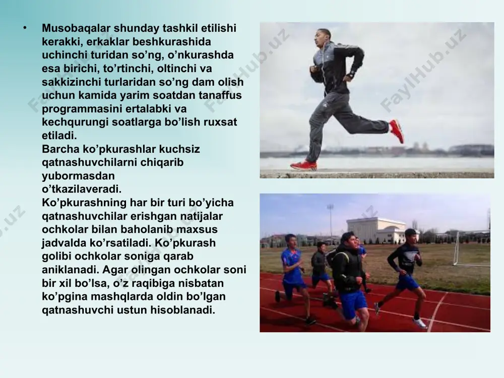 texnikasini mustashkamlash va takomillashtirish uchun o`qituvchi o`quvchi rashbarligida xarakatni mustaqil bajarishni davom ettiradi. tekis yugurish ma`lum masofaga yoki vaqtbay tarzda yugurish yulkasida (soat strelkasi harakatiga teskari yo`nalishda) o`tkaziladi. 400 metrga va undan qisqa masofaga yugurishda har bir yuguruvchi uchun alohida yo`lka ajaratiladi. qolgan masofalarga yugurish umumiy yo`lkada o`tkaziladi. belgilangan masofani o`tish uchun sarflangan vaqt sekundomer bilan o`lchanadi. bir soatlik va ikki soatlik yugurishda vaqt chegaralangan bulib, natija shu vaqt ichida bosib o`tilgan masofa tarzida metr hisobida aniqlanadi. tusiqlar osha yugurishning ikkita xili bor: 1) g`ovlar osha yugurish – bunda yugurish yo`lkasida bir-biridan bir xil o`zoqlikda masofadagi muayyan joylarga quyilgan bir tipdagi tusiqlardan oshib, 60 dan 400 m masofaga yuguradi: 2) 3000 metrga tusiqlar osha yugurish (stipl`-chez) – bunda yugurish yo`lkasida u er- bu erda mustahkam o`rnatilgan tusiqlar osha maydon sektorlaridan birida qovlangan chukurga tuldirilgan suvdan kechib yuguriladi. estafetali yugurish – bunda jamoa-jamoa bulib yuguriladi: jamoada yuguruvchilar qncha bulsa , masofa …
