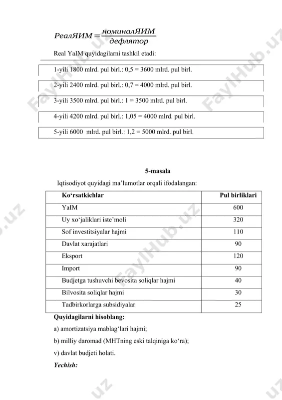 masala mamlakat iqtisodiyotidagi jamg‘armalar (s) real foiz stavkasiga bog‘liq (r): s = 100 + 400r. agar nominal foiz stavkasi 40% teng, narxlar oshishi sur’ati esa 30% ni tashkil etsa, u holda, jamg‘armalar nimaga teng bo‘ladi? yechish: s = 100 + 400rs = 140140 = 100 + 400r 40 = 400rr = 40: 400 = 0,1 s = 100 + 400r100 + 400 x 0,1 s = 100 + 40 = 140. jamg‘armalar 140 ga teng yoki nominal foiz stavkasi rn =rr – p, u holda real foiz stavkasi rr = rn – p 40% – 30% = 10% koef. 0,1 (10: 100) s = 100 + 400 x 0.1 = 100 + 40 = 140 mustaqil ishlash uchun masalalar 1. keltirilgan malumotlarga asoslanib yalpi ichki mahsulot ko‘rsatkichini aniqlang: 1.ish xaqi-183,2 2.eksport hajmi-15,3 z.amortizatsiya-12,7 4.davlat xaridi- 57,4 b.biznesga egri soliqlar-13,3 b.tranfert to‘lovlari-14,8 7.import hajmi- 12,4 8.foyda solig‘i-40.8 9.shaxsiy istemol xarajatlari- 223,1 …