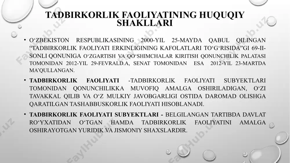 talidagi tadbirkorlik subyektlari uchun imtiyozlar va preferensiyalarning yagona reyestrida e’lon qilinadi hamda doimiy ravishda yangilab boriladi, bu esa vazirlar mahkamasi tomonidan belgilanadi. yakka tartibdagi tadbirkorlik: yakka tartibdagi tadbirkor tomonidan mustaqil, mulk huquqi asosida o‘ziga tegishli bo‘lgan mol-mulk negizida, shuningdek mol-mulkka egalik qilish va undan foydalanishga asosida amalga oshiriladi. yakka tartibdagi tadbirkor o‘zbekiston respublikasi vazirlar mahkamasi tomonidan belgilangan tartibda xodimlarni yollashga haqli hisoblanadi. yakka tartibdagi tadbirkor o‘z faoliyatini amalga oshirayotganda shaxsiy ish hujjatlari blankalaridan, muhr, shtamplardan foydalanishga haqli, ularning matnlari mazkur shaxs yakka tartibdagi tadbirkor ekanligi haqida dalolat berishi kerak. 2021- yilning yanvar-dekabr oylarida 98,9 mingta yangi kichik korxona va mikrofirmalar (fermer va dehqonxo‘jaliklarisiz) tashkil qilindi, bu o‘tgan yilning shu davriga nisbatan 6,1 foizga ko‘p demakdir. faoliyat yuritayotgan kichik korxona va mikrofirmalar soni esa 462 834 tani tashkil etadi. 2021- yilning yanvar-dekabr oylarida yangi tashkil etilgan kichik korxona va mikrofirmalarning iqtisodiy faoliyat turlari bo‘yicha ulushi, % da ko’rib chiqamiz. iqtisodiy faoliyat …