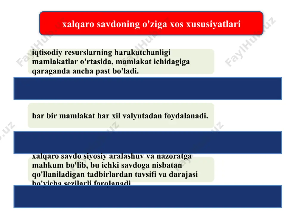 o'lov balansi holati; 4 mamlakatdagi foiz stavkasi darajasi; 5 valyutaga jahon bozoridagi ishonch va h. k. valyuta-moliya sohasidagi davlatlararo tashkilotlar xalqaro valyuta fondi (xvf) o'ziga a'zo mamlakatlarning valyuta kursi va to'lov balanslarini tartibga soladi, ularning valyuta-moliyaviy muammolarini hal etish maqsadida kreditlar ajratadi, rivojlanayotgan mamlakatlarning ko'p tomonlama to'lovlari tizimini va tashqi qarzlarini nazorat qiladi. iqtisodiy va valyuta ittifoqi (ivi) moliya bozorlarining to'liq integratsiyalashuvini, kapitallar harakatining to'liq erkinlashuvini, barcha valyutalarning to'liq konvertatsiyasini ta'minlash va pirovardida milliy valyutalarni yagona valyuta bilan almashtirishni nazorat qiladi. xalqaro tiklanish va taraqqiyot bankining (xttb) xttb tomonidan taqdim etiladigan qarzlarning asosiy qismi qarz oluvchi mamlakatlarning iqtisodiyotini tarkibiy qayta qurish imkonini beruvchi loyiha va dasturlarni amalga oshirishga yo'naltirilgan uzoq muddatli kreditlar hisoblanadi. xalqaro moliyaviy korporatsiya (xmk uning faoliyati ustun ravishda rivojlanayotgan mamlakatlarning xususiy sektorini moliyalashtirishga yo'naltiriladi. valyuta-moliya sohasidagi davlatlararo tashkilotlar xalqaro rivojlanish assotsiatsiyasi (xra) uning asosiy faoliyati esa ko'proq qoloq mamlakatlarga imtiyozli yoki foizsiz kreditlar ajratishga qaratilgan. iqtisodiy hamkorlik …