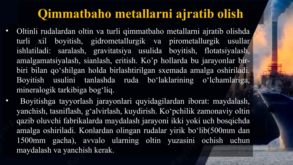 ided by fppt.com www.free-power-point-templates.com cho’ktirish mashinalarida oltin ajratib olish cho‘ktirish 37 mashinasida boyitish mineral zarralarning zichligi hisobiga tebranuvchi oqimda ajralishiga(cho‘kishiga) asoslangan. gravitatsiya usulida boyitish ruda bo‘lakchalarining zichligi va yirikligi hamda formasiga asoslangan. minerallar zichligiga ko‘ra quyidagi turga bo‘linadi: og‘ir - zichligi 4000 kg/m3 dan ortiq tug‘ma oltin; o‘rta - zichligi 2700-4000 kg/m3; yengil - zichligi 2700 kg/m3 gacha this presentation uses a free template provided by fppt.com www.free-power-point-templates.com gravitatsion boyitishning cho‘ktirib ajratish gravitatsion ajratib olish natijasida olingan mineral zarrachalar guruhi fraksiya deyiladi. yuzaga chiqqan zarrachalar yengil fraksiya, cho‘kkanlari og‘ir fraksiya, muallaq holdagisi esa qiyin fraksiya deyiladi. gravitatsion boyitish - konchilikda foydali qazilmalarni boyitish usullaridan biri minerallar zichligi orasidagi farq hisobiga amalga oshiriladi. gravitatsion boyitishning cho‘ktirib ajratish boyitish stollarida ajratish suv quyunlarida (gidrotsiklon) boyitish va boshqa turlari mavjud. gravitatsion boyitish har xil muhitlarda borishi mumkin. suvli boyitishda suv, og‘ir suspenziyalarda, pnevmatik boyitishda havo bilan bu jarayon davom etadi. this presentation uses …