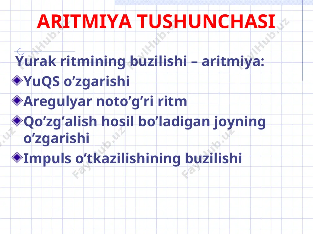 nchalar ichi ekg: qrs deformatsiyasi qorinchalar blokadasi qisqaruvchanlik buzilishi pulsus alternans – “saqrovchi” puls; amplitudasi va uzunligi katta va ki-chik puls to’lqinlarining almashinishi. miokard shikastlanishida unga kela-digan bitta impulsga javoban hamma tolalar qisqarishi, keyingisiga esa faqat bir qismi qisqarishi bilan bog’liq. shuning uchun qisqarish amplitudasi har xil bo’ladi kombinirlangan (aralash) aritmiyalar bo’lmachalar titrashi bo’lmachalar fibrillyatsiyasi qorinchalar titrashi qorinchalar fibrillyatsiyasi bo’lmachalar titrashi bo’lmachalar qisqarishi 200-400/min,to’q’ri ritm saqlanadi мехаnizм: bir nechta ektopik uchog’larning faollashuvi екg: bo’lmacha f to’lqinlari, qrs o’zgarmagan bo’lmachalar fibrillyatsiyasi bo’lmachalarning aloxida kardiomiotsitlarining tartibsiz qo’zg’alishi va qisqarishi (350-700/мin) мехаnizм: re-entry (miokardni elektrik nogomogenligi) ekg: р yo’q, f to’lqinlari, qrs paydo bo’lishi nostabil (90-140/мin) qorinchalar titrashi va fibrillyatsiyasi qorinchalar titrashi - doimiy va to’g’ri impuls tsirkulyatsiyasi tufayli ularning tez (200-300/мин) va ritmik qo’zqalishi. ekg: to’g’ri sinusli ritm qorinchalar fibrillyatsiyasi - aloxida kardiomiotsitlarining tartibsiz qo’zg’alishi va qisqarishi (200-500/мин), eкg: shakli va amplitudasi har xil aregulyar to’lqinlar