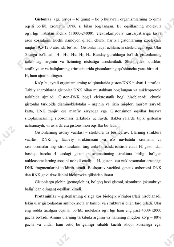 gemoglobin), bo`qoq bezi gistoni, skombron (skumbriya balig`idan olingan) oqsillari kiradi. protaminlar – gistonlarning o`ziga xos biologik o`rinbosarlari hisoblanadi, lekin ular gistonlardan aminokislotalar tarkibi va strukturasi bilan farq qiladi. ular eng sodda tuzilgan oqsillar bo`lib, molekula og`irligi ham eng past 4000-12000 gacha bo`ladi. ammo ularning tarkibida arginin va lizinning miqdori ko`p – 80% gacha va undan ham ortiq bo`lganligi sababli kuchli ishqor xossasiga ega. gistonlar singari protaminlar ham – polikation oqsillar bo`lib, ular spermaning xromatinida dnk bilan bog`lanadi. protaminlar ko`proq baliqlarning urug`idagi nukleoprotamin tarkibida bo`ladi. bunday protaminlar olingan manbasiga ko`ra quyidagicha nomlangan: salmin – lososning, truttin – forelning, skumbrin – skumbriyaning, klupein – seldning urug`idan olingan. protaminlar ham gistonlar kabi spermatozoidlarning dnk sida struktura vazifasini bajaradi. prolaminlar – o`simlik oqsillari guruhi bo`lib, donli o`simliklarning urug`ida mavjud bo`ladi. prolaminlar uchun suvda, tuzli eritmalarda, mutlaq spirtda, kislotalar va ishqorlarda erimaslik asosiy xususiyat hisoblanadi. ular 70°li etanol bilan ekstraktsiya qilinadi. bunday muhitda erish xossasi …