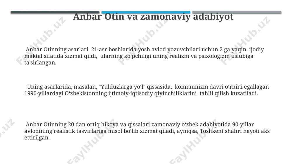 i asarlari bo'lib, jumladan, moskva, london va parijdan chiqqan kitoblarning tarjimalari ham mavjud. adabiyotga qiziqishi anbar otin 50 dan ziyod she'r va hikoyalarini toshkentdagi adabiy jurnallarga yuborgan bo'lib, ulardan bir qismi 1980-yillarning oxirida chop etilgan. uning adabiy ijodida, xususan, 30 dan ortiq hikoyalar to'plamida, o'zbekistonning qishloq hayoti va odamlarining turmush tarzi haqida chuqur tasvirlar uchraydi. anbar otinning adabiyotga bo'lgan qiziqishi 1970-yillarning boshlarida, samarqanddagi maktabda o'qib yurganida, 20 dan ortiq she'rlar yozishi bilan boshlangan. mukofot va unvonlari у 2005 йилда тошкент шаҳрида бўлиб ўтган халқаро рассомлик кўргазмасида 5 та асар билан иштирок этиб, юқори баҳоларга сазовор бўлган. анбар отиннинг 2012 йилда самарқандда ўтказилган миллий санъат фестивалида намойиш этилган 10 дан ортиқ расмлари халқаро танқидчилар томонидан юксак баҳоланган. анбар отин 1988 йилда ўзбекистон бадиий академиясининг "энг яхши ёш рассом" мукофоти билан тақдирланган, бу унинг ижодининг эрта давридаги ютуғини кўрсатади. "qora ko'zlar" romani "qora ko'zlar" romani 1980-yillarning oxirida yozilgan bo'lib, o'zbekistonning qishloq hayoti …