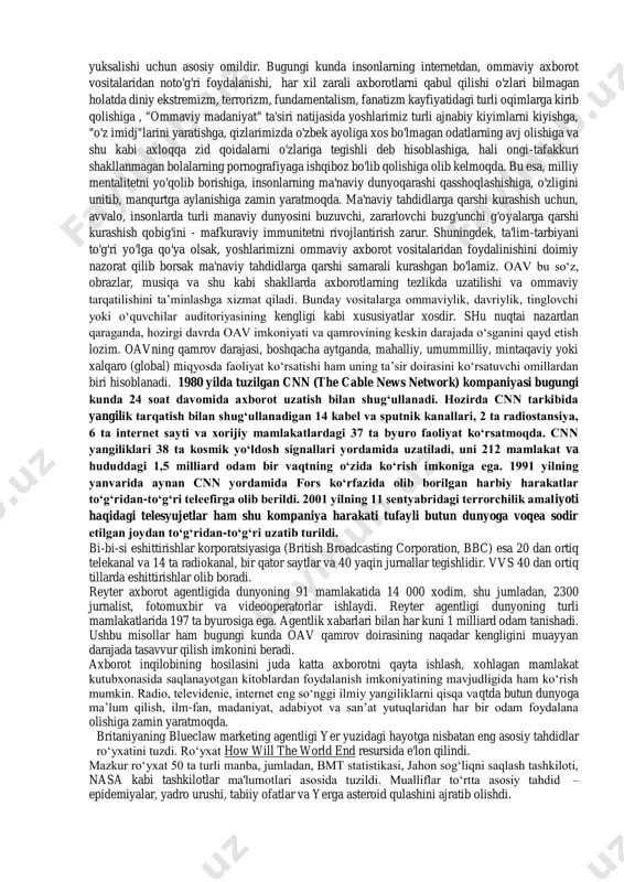 mumkin. internet kishilar hayotining ajralmas qismiga aylanib bormoqda. bugungi kunda 1 milliard 250 million kishi u yoki bu darajada undan foydalanishi ham mazkur fikrlarning to‘g‘riligini tasdiqlaydi. buning oqibatida, mintaqa xavfsizligi va barqarorligiga jiddiy tahdidlar vujudga kelmoqda. shunindek, inson ongini zaharlashga qaratilgan, ularning ruhiyatida agressivlik, tajavvuzkorli, vahshiylik kabi illatlarni uyg'otadigan turli yot g'oyalarning, milliy mentalitetimizga, urf- odat, an'analarimnizga umuman mos kelmaydigan odatlar, pornografik axborotlar, turli xil yolg'on ma'lumotlar, mish-mishlarni tarqatiloyotgani insonni ogohlikka chorlaydi. shu bilan birgalikdagi, insoniyat hayotiga qarshi qaratilgan noan'anaviy tahdidlar: xalqaro terrorizm, diniy ekstrimizm va fundamentalism, noqonuniy qurol savdosi kundan-kunga milliy, mintaqaviy hamda xalqaro xavfsizlikka xavf solmoqda. i.a.karimov o'zlarining "yuksak ma'naviyat - yengilmas kuch" kitobida - "bugungi zamonda mafkura poligonlari yadro poligonlaridan ham ko'proq kuchga ega. bu masalaning kishini doimo ogoh bo'lishga undovchi tomoni shundaki, agar harbiy, iqtisodiy, siyosiy tazyiq bo'lsa, buni sezish, ko'rish, oldini olish mumkin, ammo mafkuraviy tazyiqni, uning ta'siri va oqibatlarini tezda ilg'ab yetish nihoyatda qiyin", …