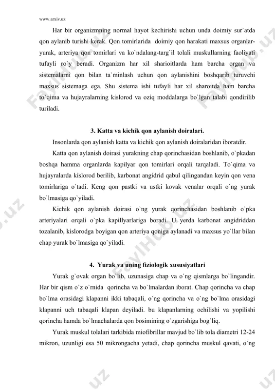 siga chap va o`ng qismlarga bo`lingandir. har bir qism o`z o`rnida qorincha va bo`lmalardan iborat. chap qorincha va chap bo`lma orasidagi klapanni ikki tabaqali, o`ng qorincha va o`ng bo`lma orasidagi klapanni uch tabaqali klapan deyiladi. bu klapanlarning ochilishi va yopilishi qorincha hamda bo`lmachalarda qon bosimining o`zgarishiga bog`liq. yurak muskul tolalari tarkibida miofibrillar mavjud bo`lib tola diametri 12-24 mikron, uzunligi esa 50 mikrongacha yetadi, chap qorincha muskul qavati, o`ng qorincha muskul qavatidan yo`g`onroq. buning asosiy sababi shundaki, chap qorincha qisqarganida katta kuch bilan qisqarishi kerak. har bir odamda yurak katta- kichikligi uning yoshi, jinsi, jismoniy tayyorgarligiga va harakat aktivligiga bog`liqdir. o`rta yoshli, o`rta jismoniy tayyorgarlikka ega hamda o`rtacha bo`y uzunligi va tana og`irligiga ega bo`lgan odamlarda yurakning uzunligi 14 sm, eni esa 12 sm va qorinchalar hajmi 250-350 ml. ayol kishining yuragi albatta erkaklarnikidan bir oz kichikroq bo`ladi. yurakning umumiy hajmi erkaklarda 760-900 ml bo`lsa, ayollarda 500-600 ml tengdir. fizkultura va …