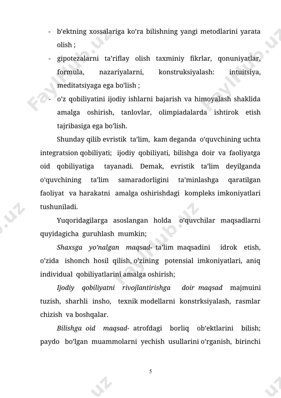 i bilan qiyoslashdan iborat. ta’limiy vaziyat o’qituvchi tomonidan quyidagi tarzda tashkil qilinadi: kerakli material va ta’limiy ob’ekt ajratiladi, ular o’rtasidagi munosabatlar o’rganiladi, asosiy tushunchalar tanlanadi. tadqiqotning umumiy ob’ekti, uning ma’nosini izlash, faoliyatning yangi usullari hamda turlarini izlash zarurati evristik vaziyatning asosi bo’lishi mumkin. boshlang`ich sinf o`quvchilari evristik faoliyatni texnologiyalashtirish evristik faoliyatni texnologiyalashtirish bolalarning ijodiy qobiliyati qanday bo’lsa shu qadar zaruriy va qonuniy jarayondir. yagona o’quv mashg’uloti, o’quv kursi bo’yicha tizimli mashg’ulotlar, evristik yo’naltirilgan faoliyat asosida sodir bo’ladi . evristik vaziyatlar yaratish va rivojlantirish bo’yicha texnologik harakat-bolalar ijodkorligi natijalarini ta’minlash yo’lidir. quyida evristik vaziyatlar tayyorlash va o’tkazish bo’yicha o’qituvchilar uchun texnologik yo’l-yo’riqlar haqida fikr yuritamiz: 1. izlanuvchi vaziyatning asosiy ta’limiy ob’ektini (narsa, tushuncha, hodisa, jarayon, an’ana, buyum va boshqalar). bunda ob’ekt va bolalar uchun qiziqarli bo’lgan muammoni aniqlash; bolalarga ularning o’rganilayotgan ob’ekt bilan shaxsiy ichki aloqasini topishga yordam berish, ular uchun shaxsan ahamiyatli muammolarni qanday tayyorlash bo’yicha o’ylashga yo’naltiradi. buning uchun …