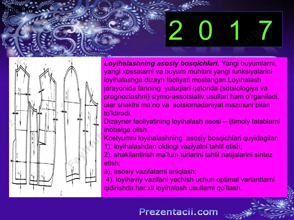 i.com презента презента 2 0 1 4 old bo’lakka adipni ulash adip bilan old bo’lak oldindan ko’klab olib yoki ko’klanmay bir-biriga ulanishi mumkin. ko’klanmay ulash uchun pastki detalda solqi hosil qilib tikadigan maxsus 297 kl ozlm mashinasi ishlatiladi. oldindan ko’klab ulash uchun adip old bo’lakka osonsuqiladigan baxyaqatorli 63 kl mashinasida bort va adip qirqimlaridan 1,5-2 sm. narida solqilar hosil qilib yuri­tiladi. kiyim tayyor bo’lganda burchaklari anik chiqishi uchun, yordamchi andaza qo’yib, adip qaytarmasi bilan bort uchlarida ag’darma chok chiziqdari belgilab olinadi. ваш заголовок ииииииииииииии prezentacii.com презента презента 2 0 1 7 old bo’lakka adipni ulash bort old bo’lak tomondan ag’darma chok bilan tikiladi va ish­lov berish usuliga qarab qo’yidagi kenglikda chok haqi kodstiriladi: "sof ziy"li ishlov berilsa 0,6-0,7 sm, yolgon qaviqdi yoki bezak baxyaqatorli ishlov berilsa 0,3- 0,4 sm. solqilar qo’yidagicha bo’ladi: adip qaytarmasi uch­larida 0,5-0,7 sm, adip qaytarmasining boshqa joylarida 0,4-0,5 sm, izmalar orasida 0,2-0,3 sm. hosil qilinadi. maxsus …