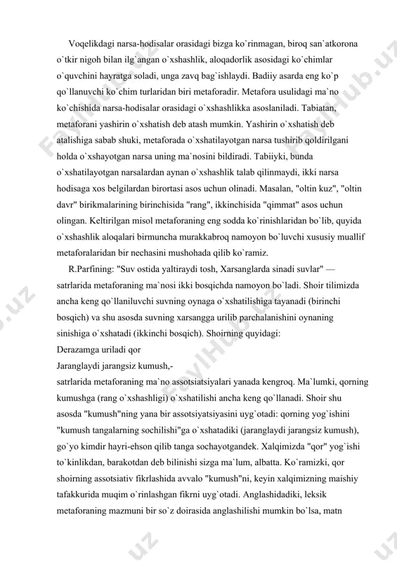 ma`nosi ikki bosqichda namoyon bo`ladi. shoir tilimizda ancha keng qo`llaniluvchi suvning oynaga o`xshatilishiga tayanadi (birinchi bosqich) va shu asosda suvning xarsangga urilib parchalanishini oynaning sinishiga o`xshatadi (ikkinchi bosqich). shoirning quyidagi: derazamga uriladi qor jaranglaydi jarangsiz kumush,- satrlarida metaforaning ma`no assotsiatsiyalari yanada kengroq. ma`lumki, qorning kumushga (rang o`xshashligi) o`xshatilishi ancha keng qo`llanadi. shoir shu asosda "kumush"ning yana bir assotsiyatsiyasini uyg`otadi: qorning yog`ishini "kumush tangalarning sochilishi"ga o`xshatadiki (jaranglaydi jarangsiz kumush), go`yo kimdir hayri-ehson qilib tanga sochayotgandek. xalqimizda "qor" yog`ishi to`kinlikdan, barakotdan deb bilinishi sizga ma`lum, albatta. ko`ramizki, qor shoirning assotsiativ fikrlashida avvalo "kumush"ni, keyin xalqimizning maishiy tafakkurida muqim o`rinlashgan fikrni uyg`otadi. anglashidadiki, leksik metaforaning mazmuni bir so`z doirasida anglashilishi mumkin bo`lsa, matn ichidagi metaforaning ma`nosi matndagi boshqa so`zlar bilan aloqada oydinlashar ekan. masalan, shoir yozadi: eng dahshatli baqiriq - soqovning baqirig`i. o`, qanday kuch bilan baqirar qabrtoshlar... albatta, bu o`rinda metaforaning ma`nosi turlicha tushunilishi, u turli o`quvchining ongida turlicha assotsiatsiyalarni uyg`otishi mumkinligi …