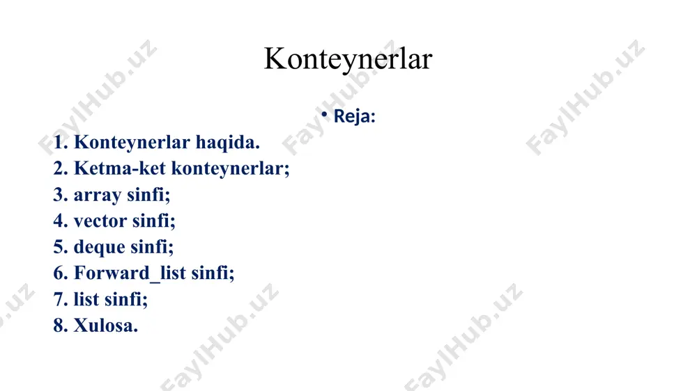 qlanmaydi: odatda bu belgilangan o'lchamdagi ajratilgan qatorlar to'plamidan foydalanib amalga oshiriladi. deque avtomatik ravishda qayta ishlanadi, kerak bo'lganda kengayadi. deque kengaytmasi std :: vector kengaytmasiga qaraganda qulayroq, chunki u mavjud elementlarni yangi xotiraga nusxalashni talab qilmaydi. deque sinfining funksiya – a’zolari deque sinfining modifikatorlari natija dequega misollar dequega misollar dequega misollar forward_list sinfi forward_list sinfining shabloni: template > class forward_list; forward_list - konteynerdan elementlarni kiritish va olib tashlash mexanizmini ta'minlaydigan sinf. tez tasodifiy kirish qo'llab-quvvatlanmaydi. u bir yo'naltirilgan ro'yxat sifatida amalga oshiriladi va c tilidagi shunga o'xshash dastur bilan solishtirganda qo'shimcha xotira talab etmaydi: std :: list dan farqli o'laroq, ushbu turdagi konteyner ikki tomonlama iteratsiyani qo'llab-quvvatlamaydi. forward_list sinfining o’lchamlari va jarayonlari the elements of first forward list are : 1 2 3 the elements of second forward list are : 10 10 10 10 10 list sinfi list sinfi shabloni: template > class list; list - bu konteynerning har …