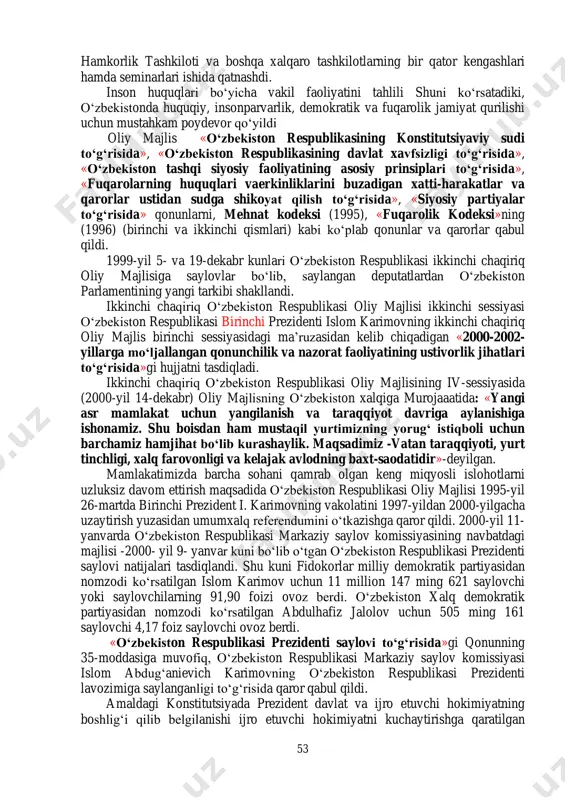 ortiq mamlakatda bo‘lib, uning huquqiy holatini aniq ravshan belgilab beruvchi konstitutsiyaviy qonun markaziy osiyo davlatlarida birinchi huquqiy hujjatdir. ushbu qonunda: «oliy majlisning inson huquqlari bo‘yicha vakili (ombudsman) mansabdor shaxslar, tashkilotlar va davlat organlarining inson huquqi, erki va qonuniy manfaatlarini davlat tomonidan himoya qilinishini ta’minlashga ko‘maklashish maqsadida faoliyat ko‘rsatadi»,-deb ta’kidlangan. vakil oliy majlisning yordamchi instituti bo‘lib, u ijtimoiy manfaatlarning muvozanatiga, inson huquqlarini himoya qilish bo‘yicha eng maqbul davlat tizimi yaratilishiga ko‘maklashadi. qonun ombudsman institutining umumiy konsepsiyasi va jahon amaliyotining uyg‘unlashgan shakli sifatida inson huquqlari vakili faoliyatining asosiy qoida-qonuniylik, oshkoralik, adolatparvarlik, insonparvarlik har bir kishi uchun ochiq ekanligini tasdiqlaydi. ombudsman fuqarolarning ariza va murojaatlarini ko‘rib chiqishda, zarur axborotni talab qilib olishda mansabdor shaxslar va davlat organlari bilan hamkorlik qilmoqda qonun qabul qilinganga qadar ham inson huquqlari bo‘yicha vakil mamlakat konstitutsiyasi doirasida faoliyat ko‘rsatib keldi. jumladan, birgina 1996-yilda inson huquqlari bo‘yicha vakil hamda fuqarolarning konstitutsiyaviy huquqlari va erkinliklariga rioya etilishi bo‘yicha komissiya a’zolari …